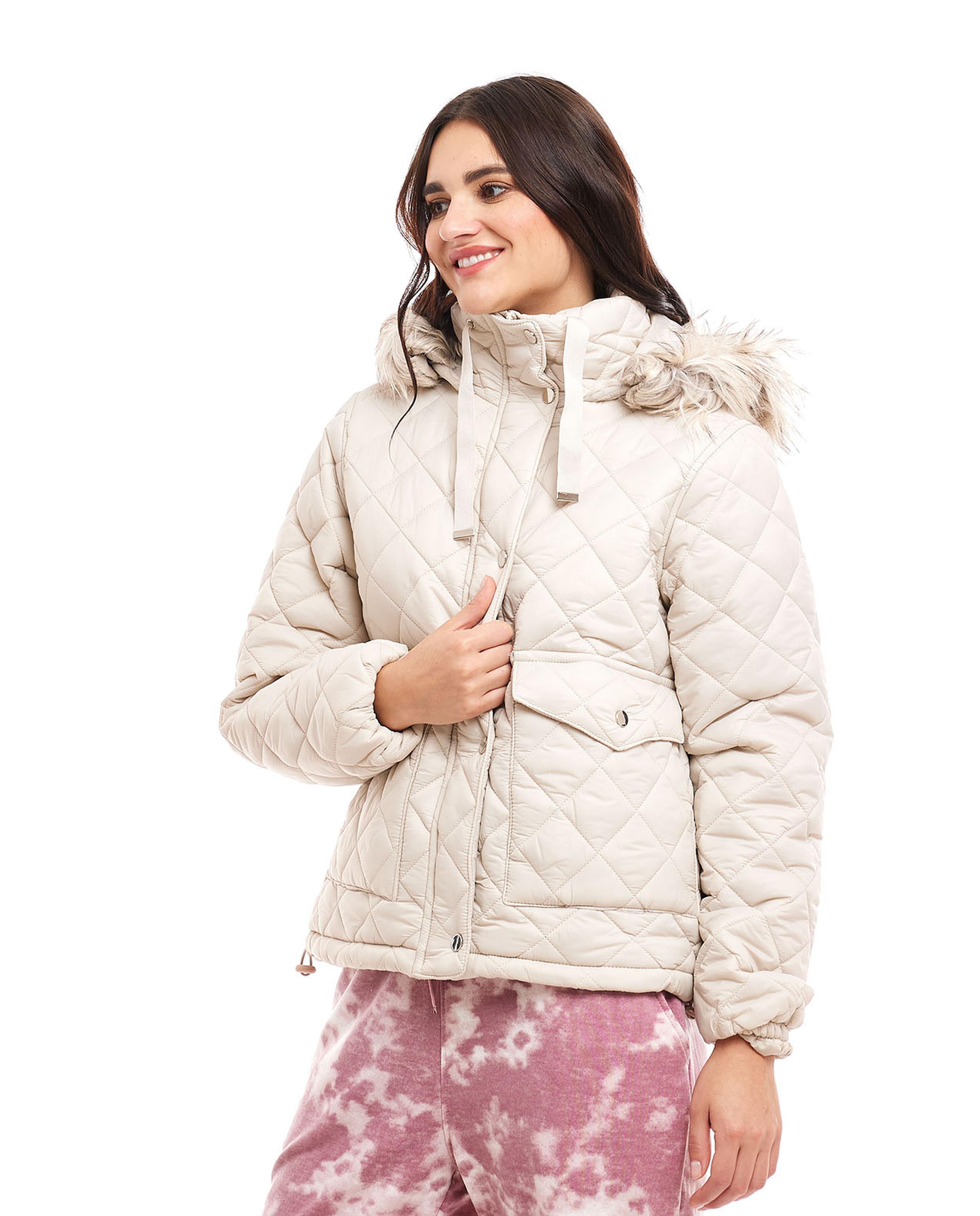 Fur Hooded Quilted Jacket with Snap Closure