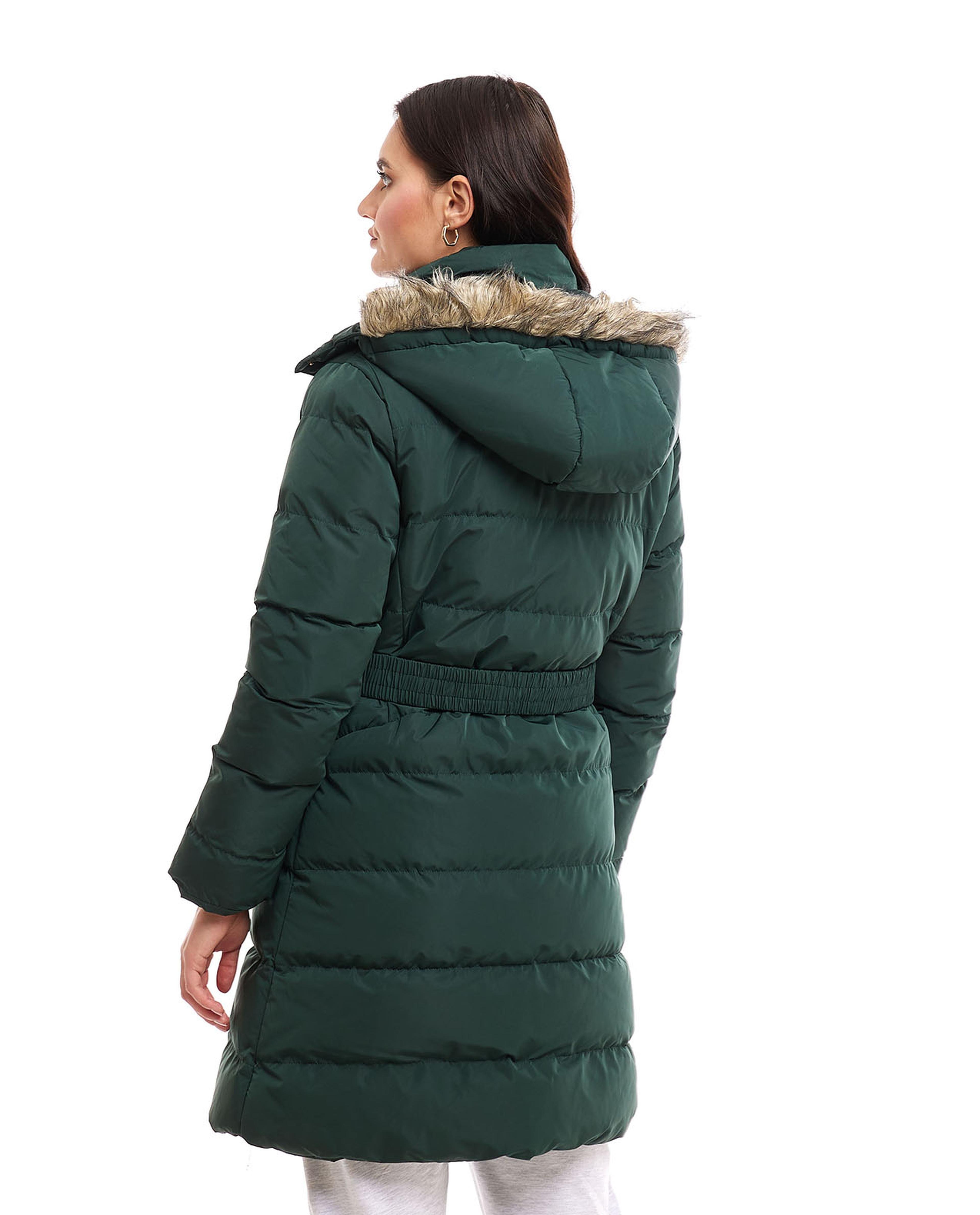 Furry Hooded Puffer Jacket with Zipper Closure
