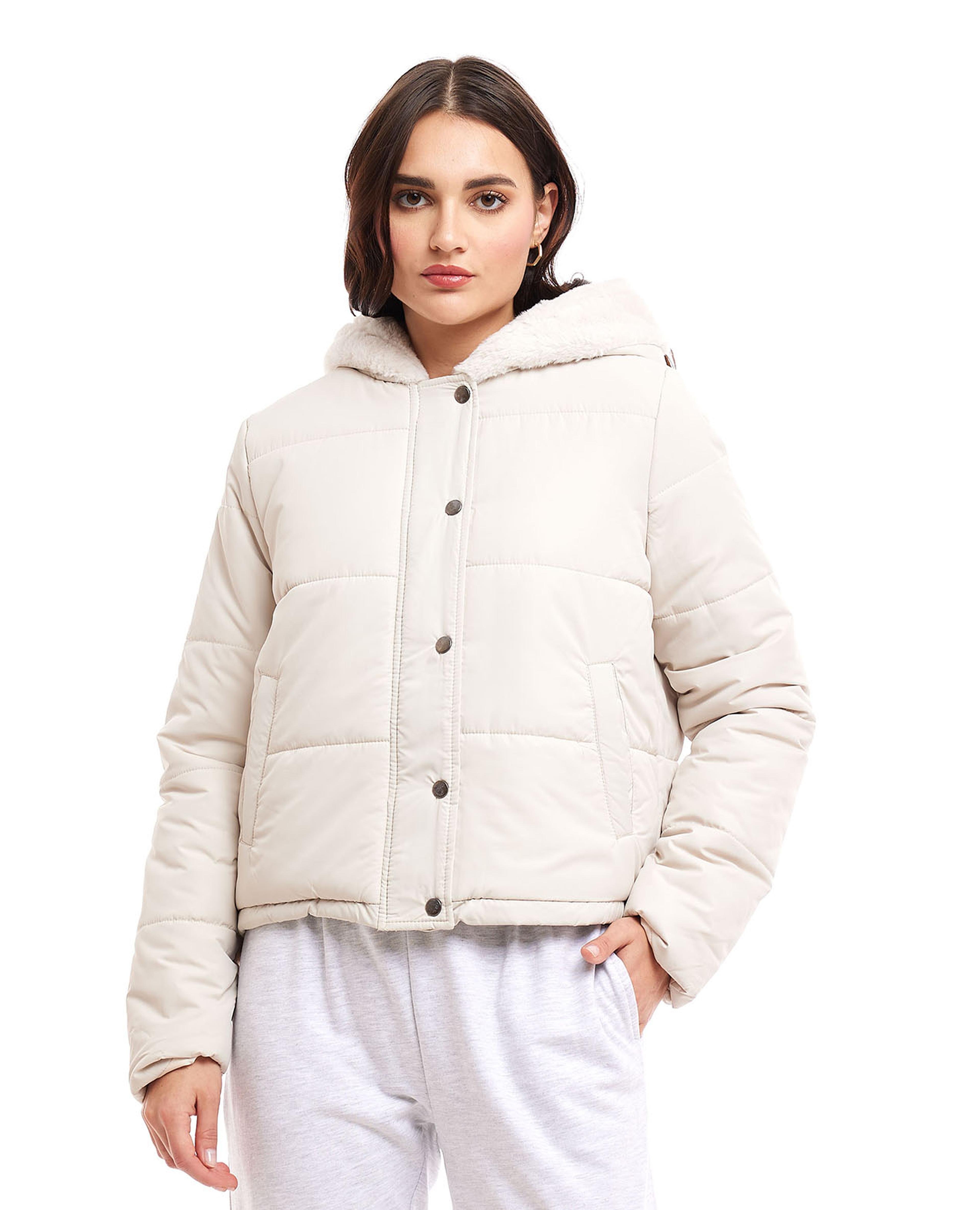 Sherpa Hooded Puffer Jacket with Snap Closure