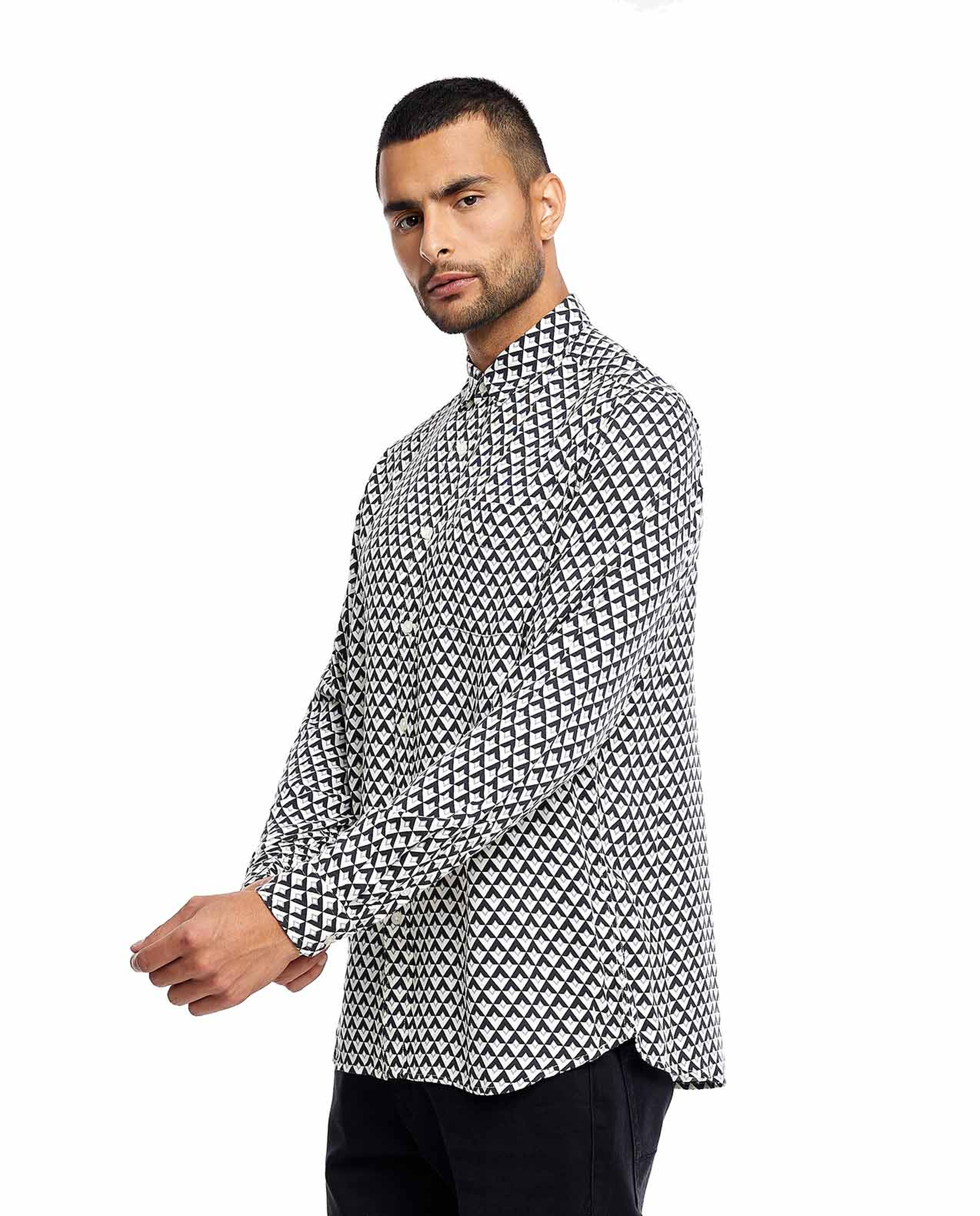 Patterned Shirt with Spread Collar and Long Sleeves