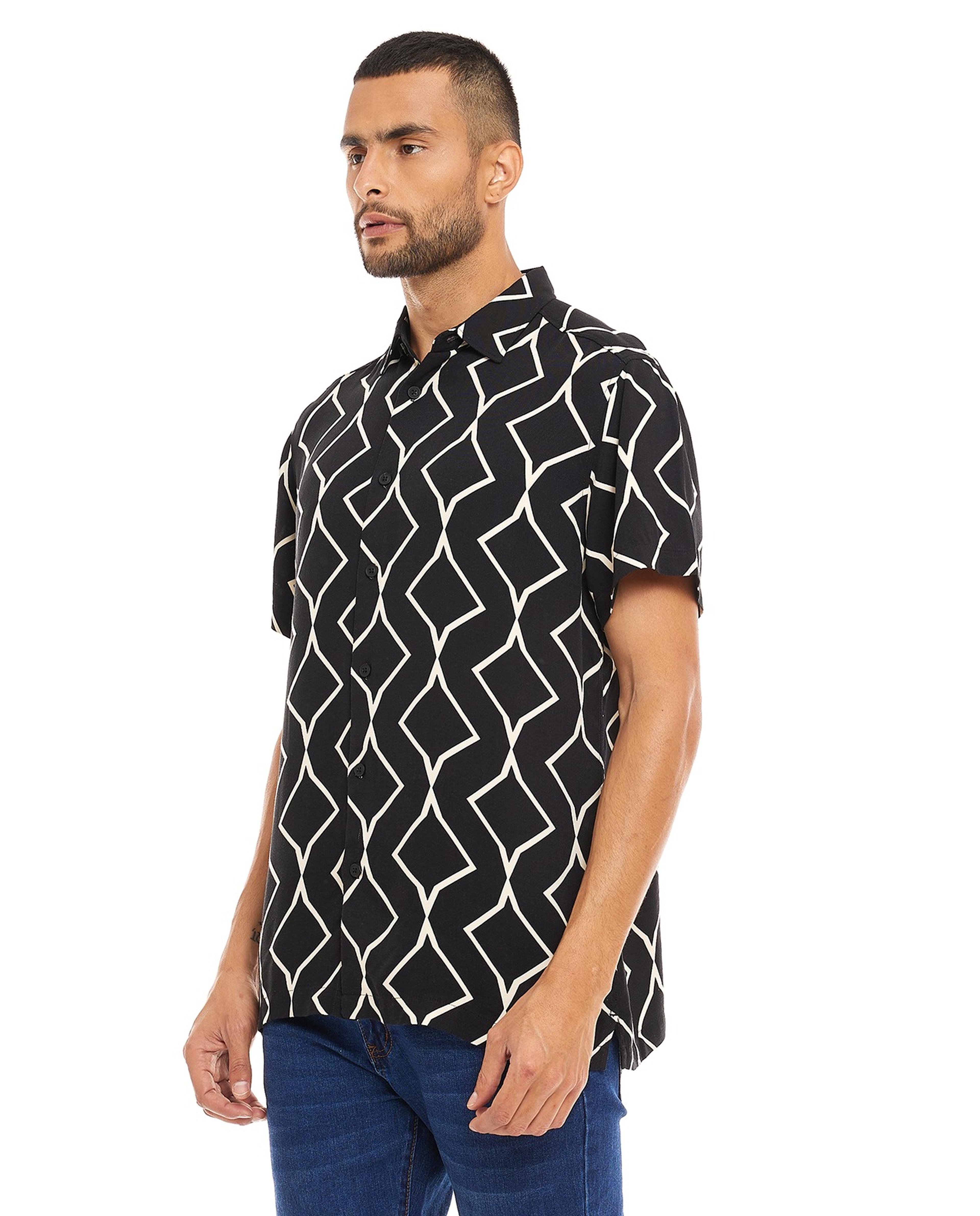 Patterned Shirt with Spread Collar and Short Sleeves