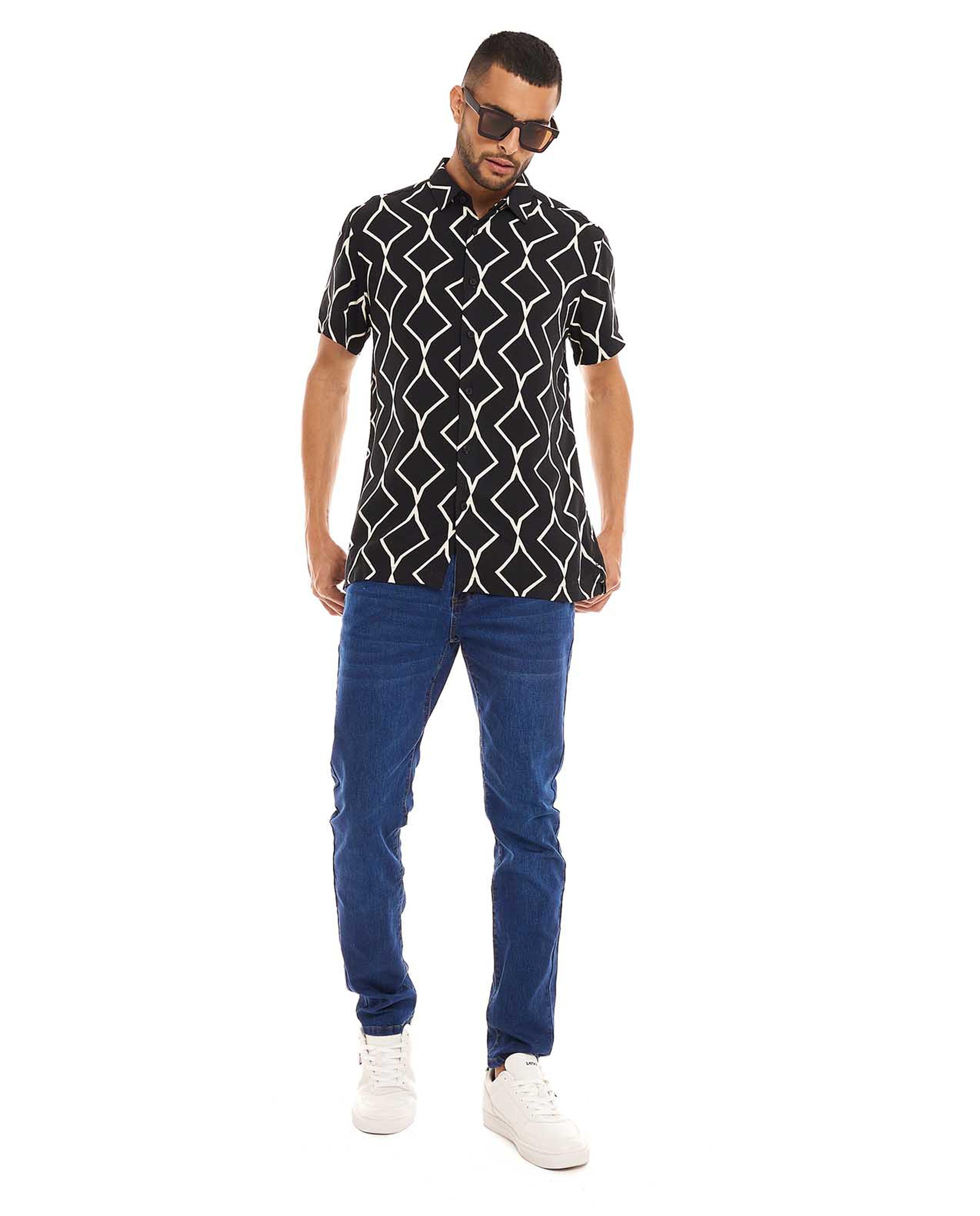 Patterned Shirt with Spread Collar and Short Sleeves
