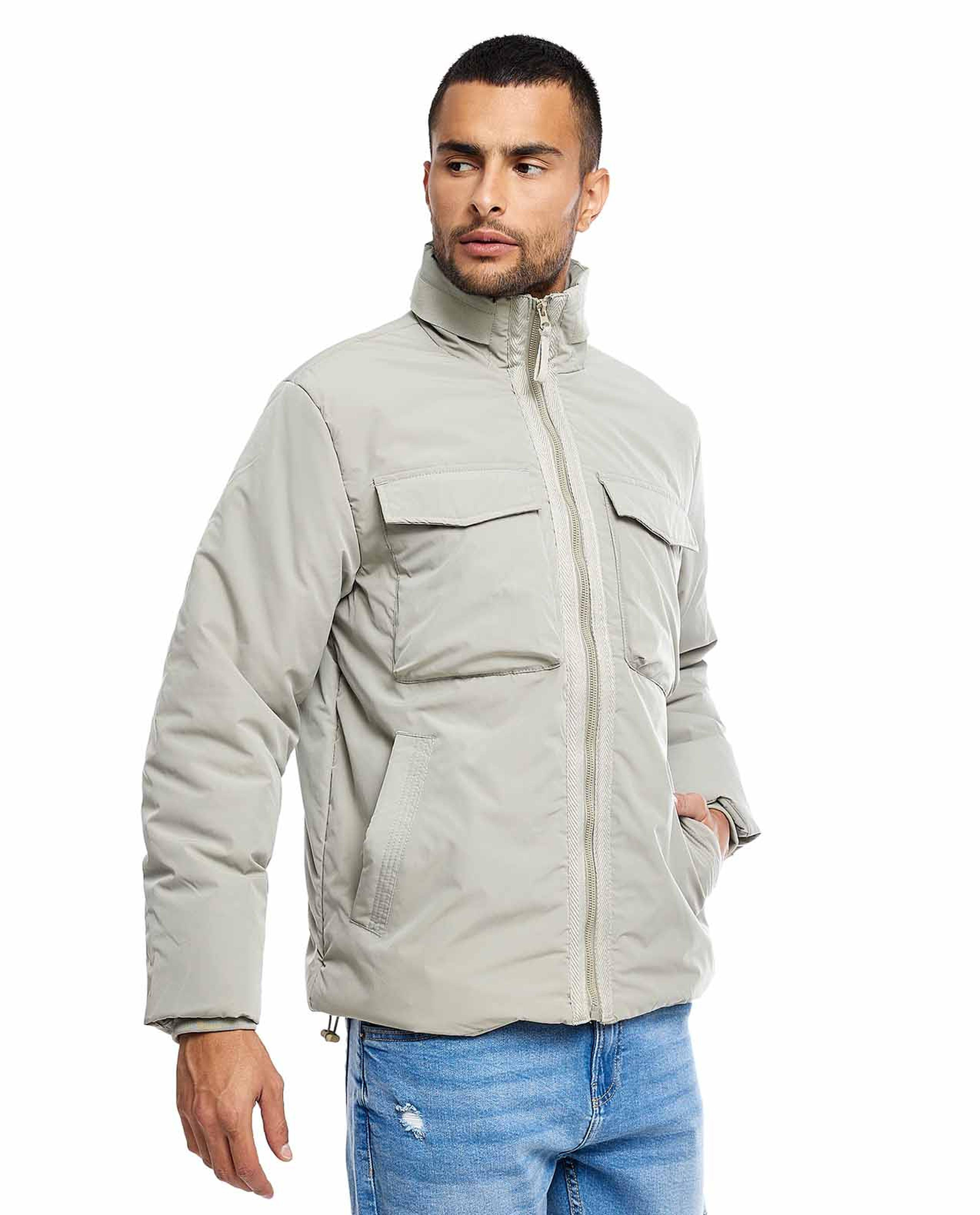 Double Pocket High Neck Jacket with Zipper Closure
