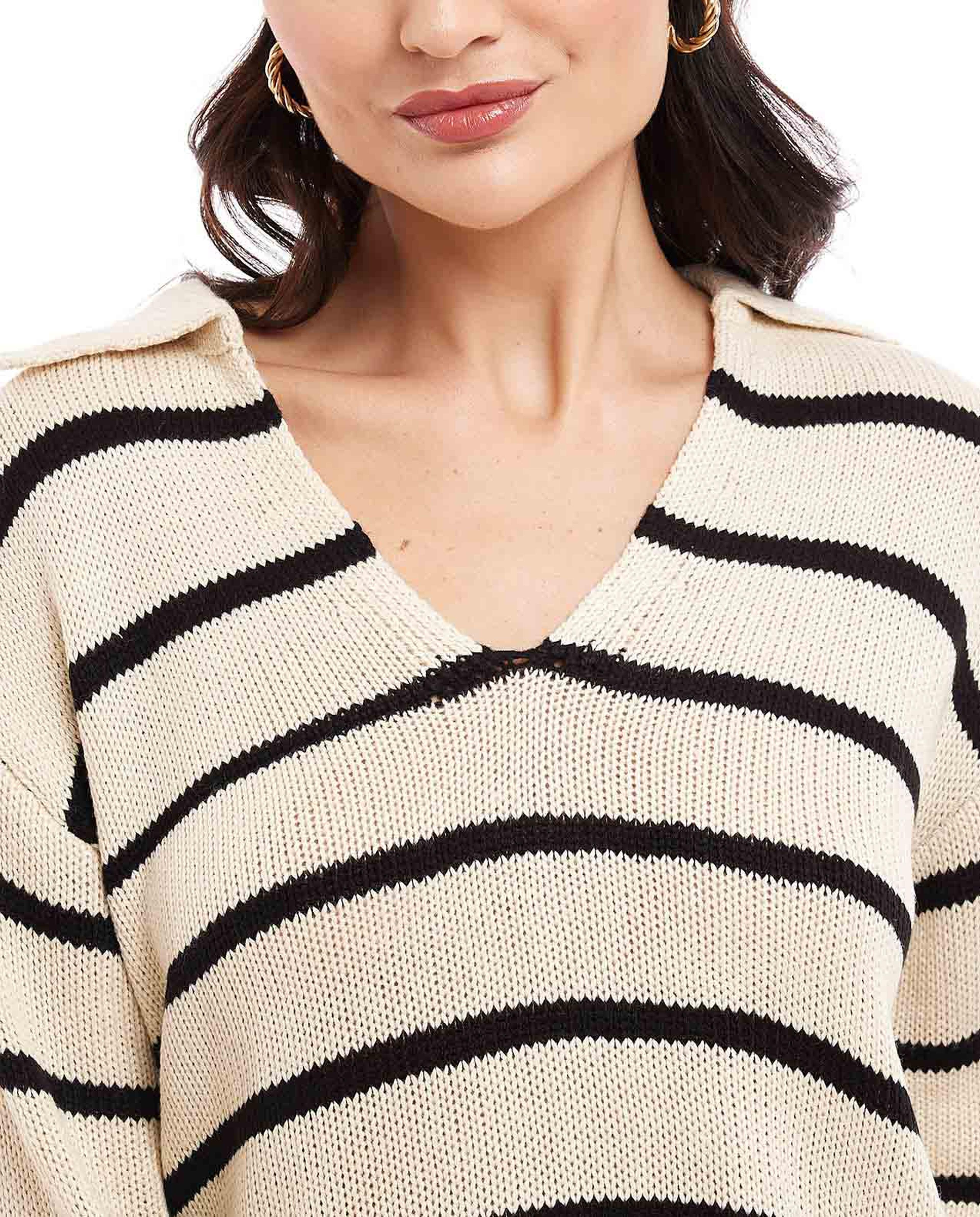 Striped Cardigan with Collared Neck and Long Sleeves