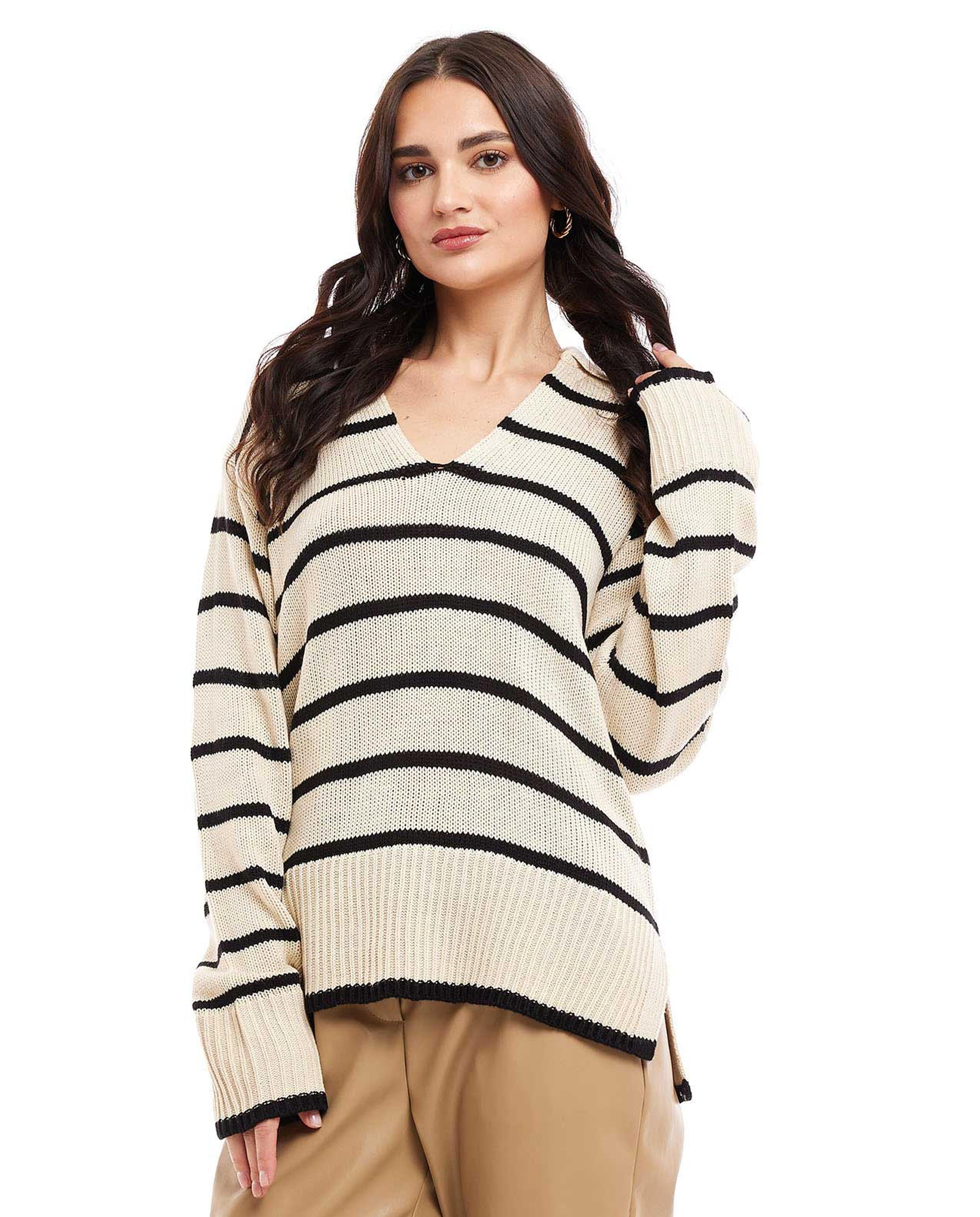 Striped Cardigan with Collared Neck and Long Sleeves
