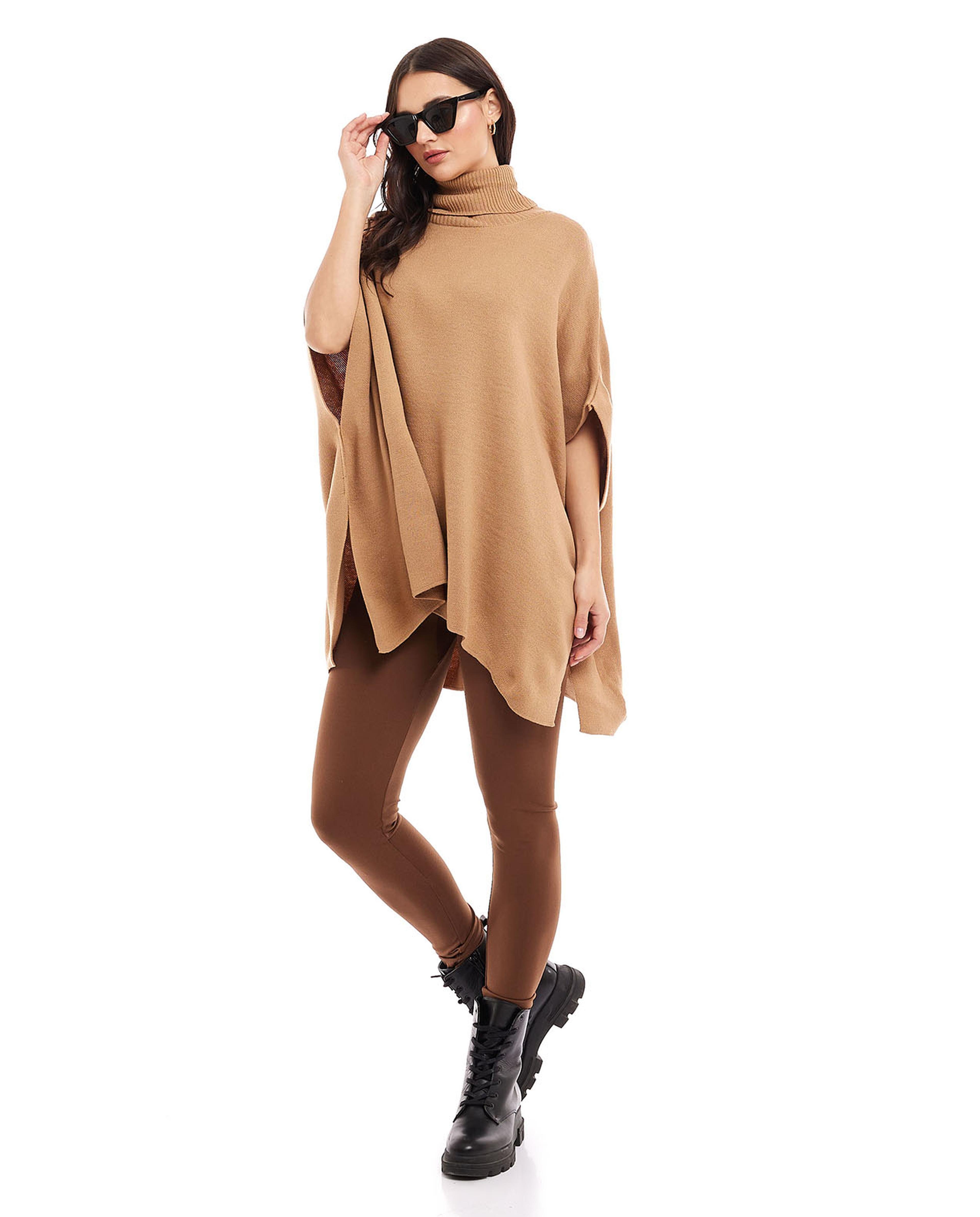Poncho Sweater with Turtleneck and 3/4 Sleeves