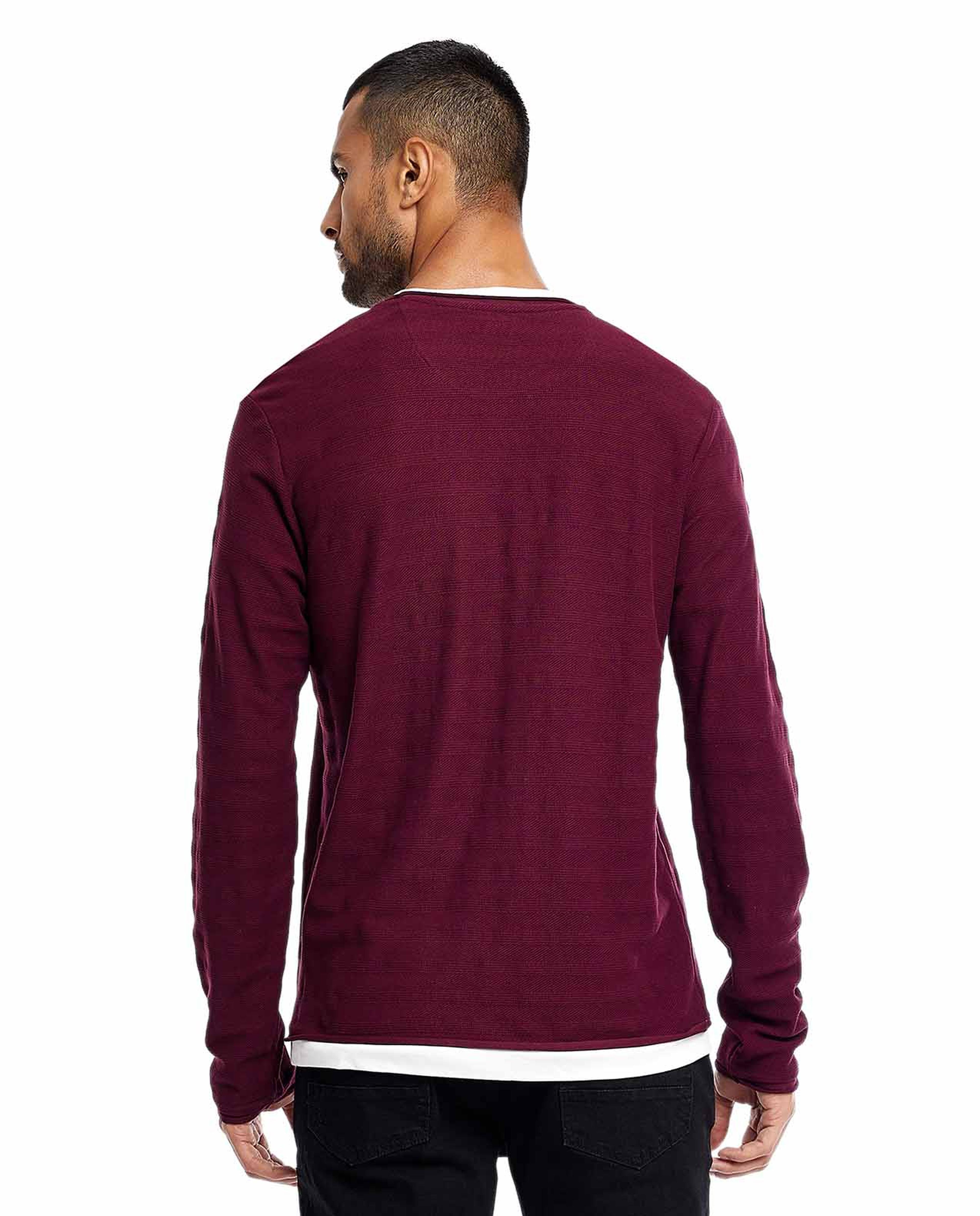 Self Patterned T-Shirt with Crew Neck and Long Sleeves