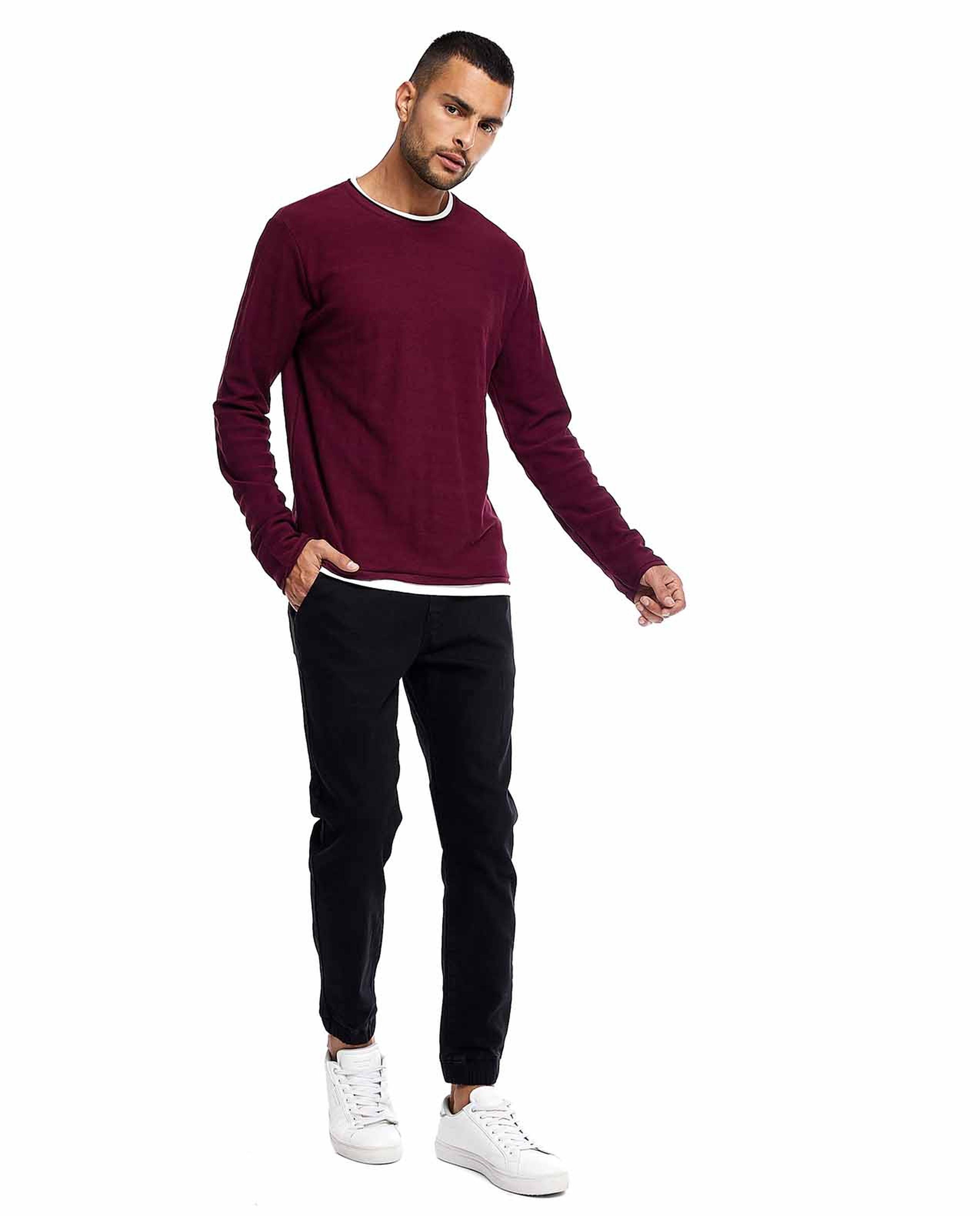 Self Patterned T-Shirt with Crew Neck and Long Sleeves