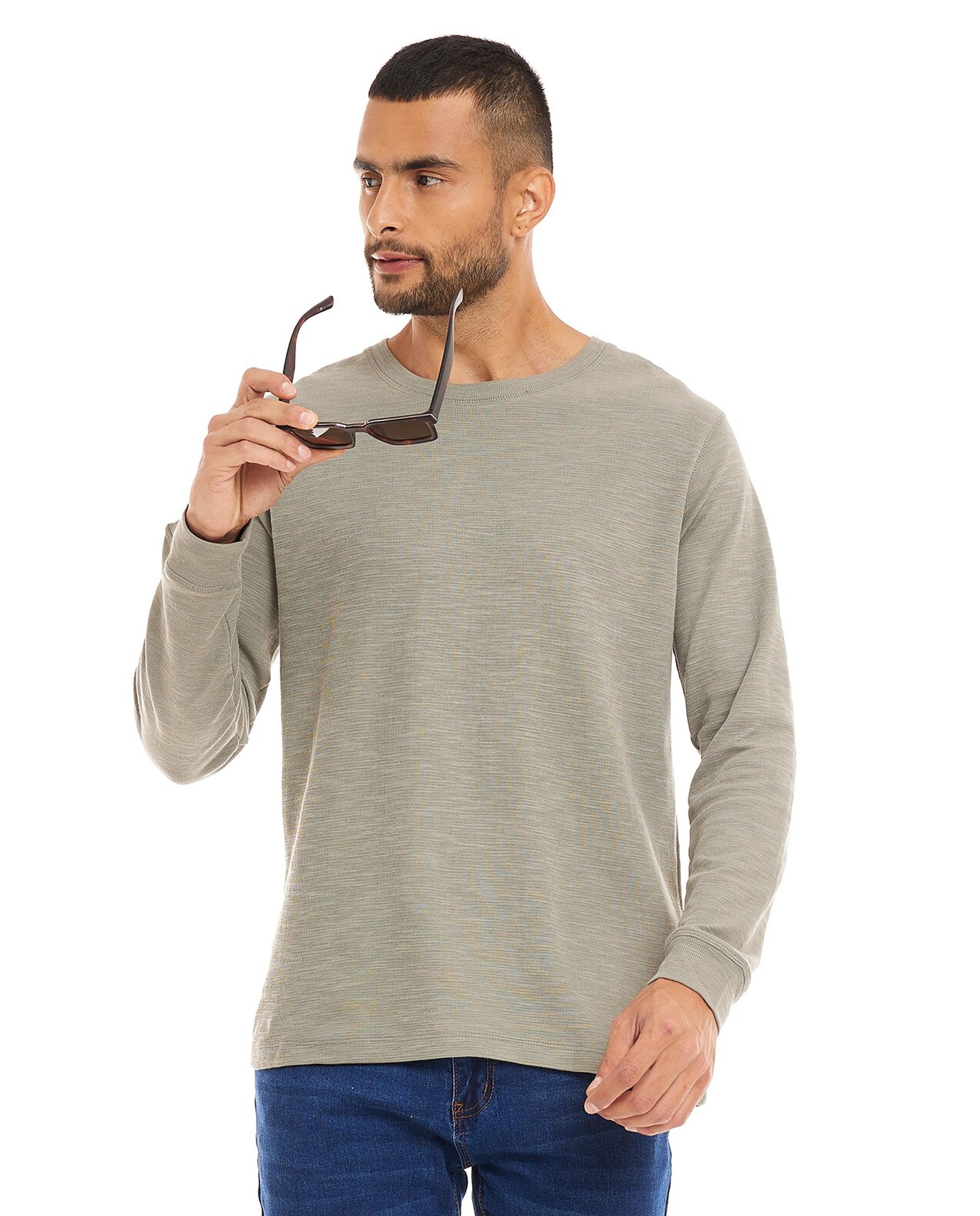 Textured T-Shirt with Crew Neck and Long Sleeves