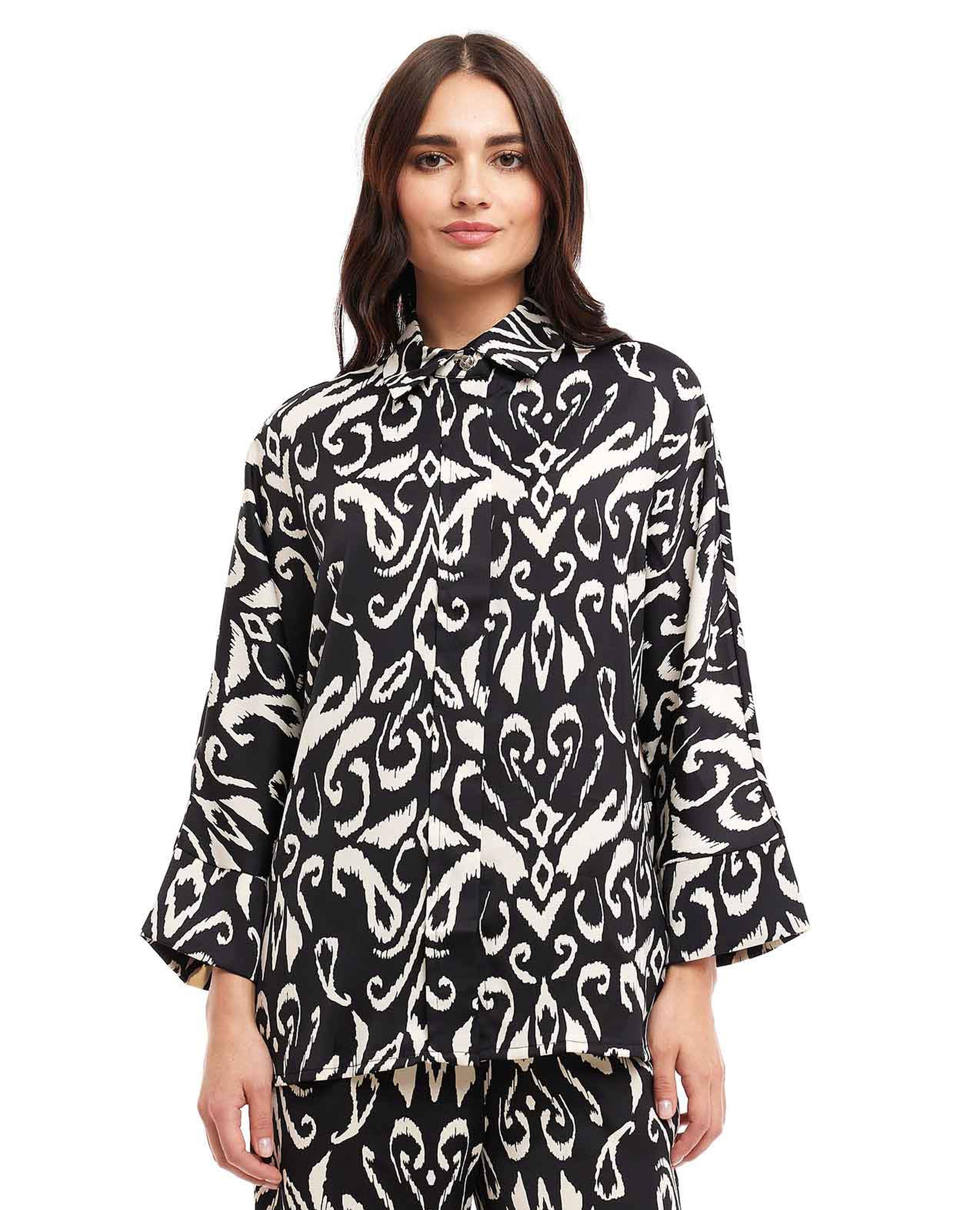 Patterned Tunic with Spread Collar and Long Sleeves