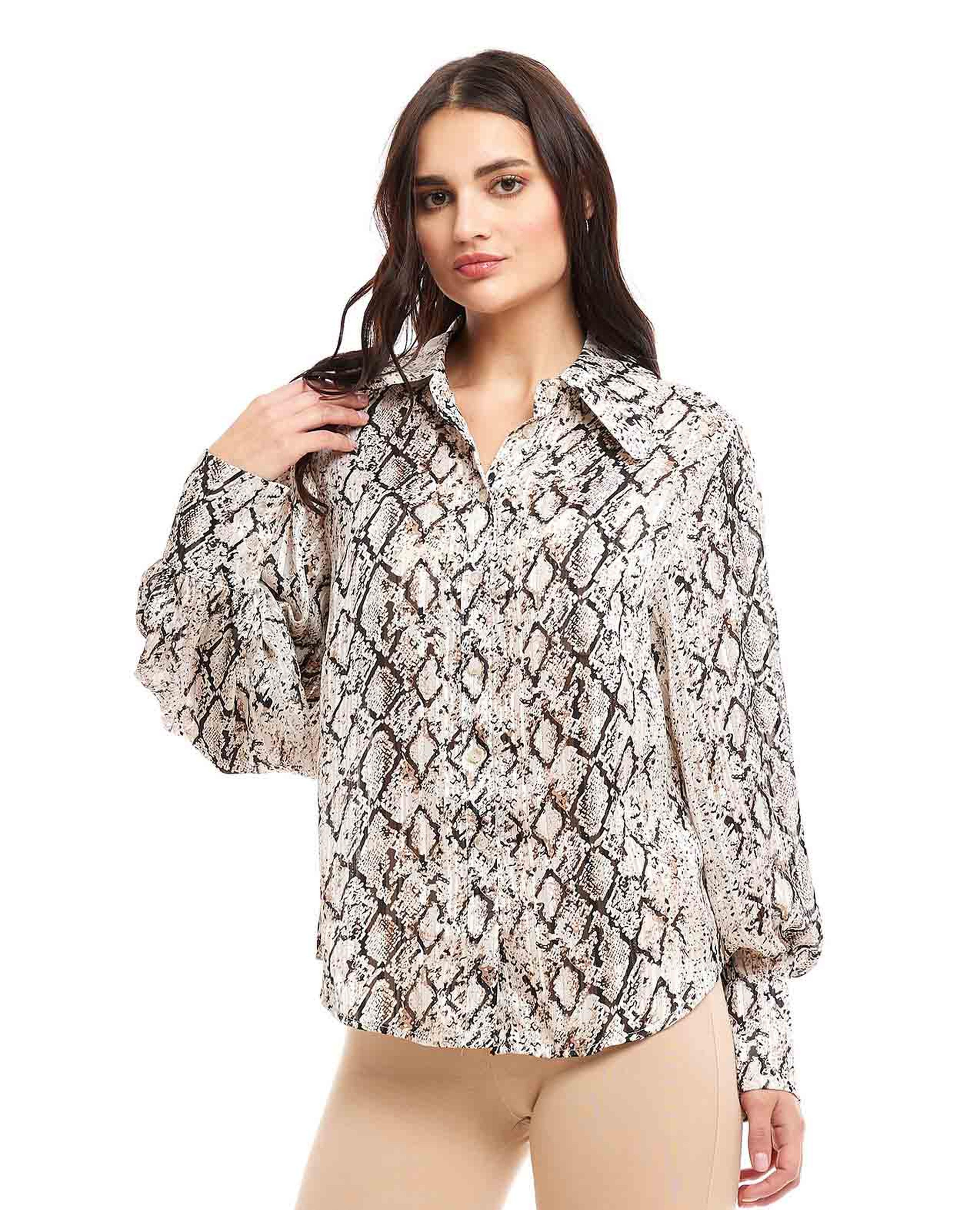 Snakeskin Shirt with Spread Collar and Bishop Sleeves