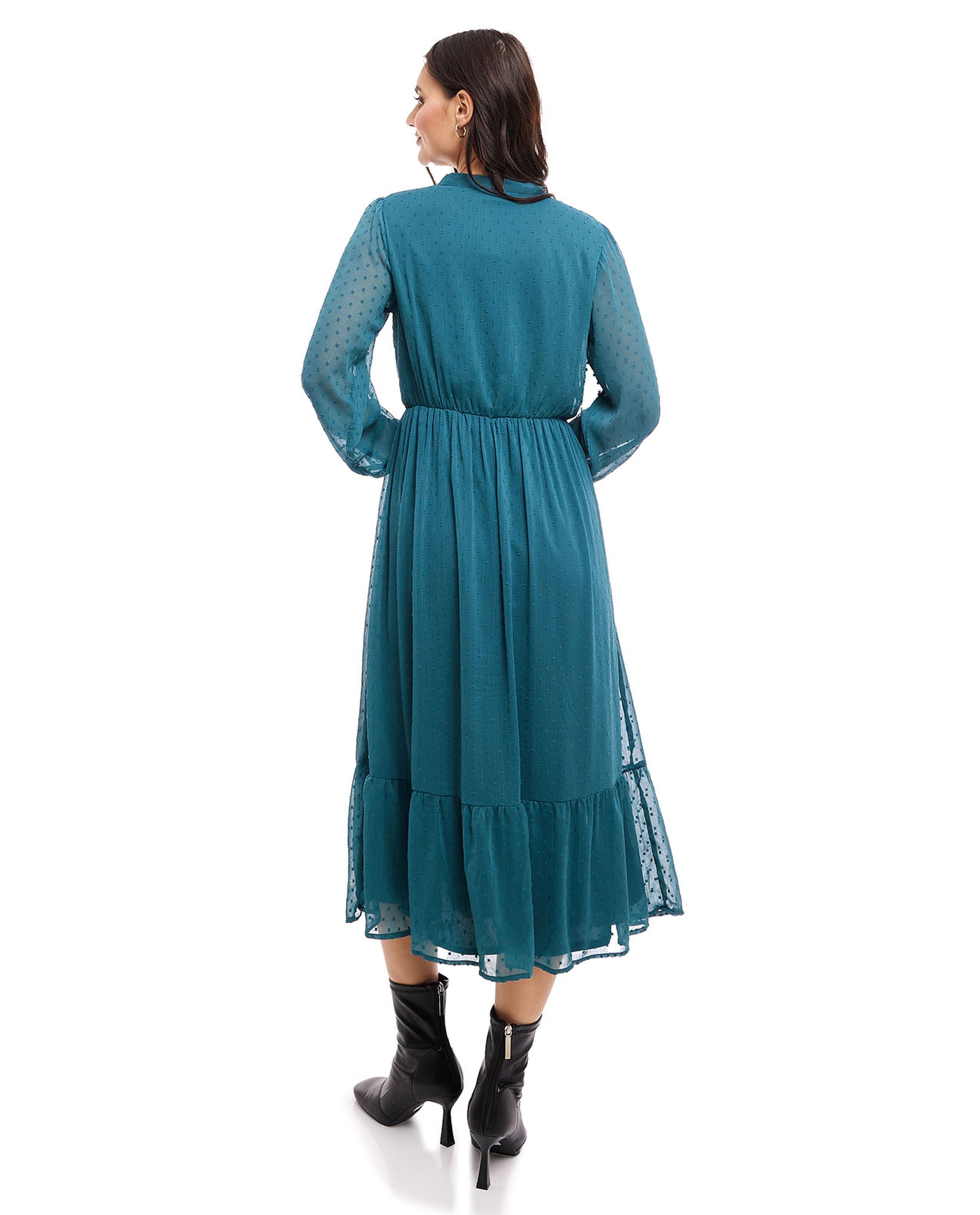 Woven Midi Dress with V-Neck and Long Sleeves