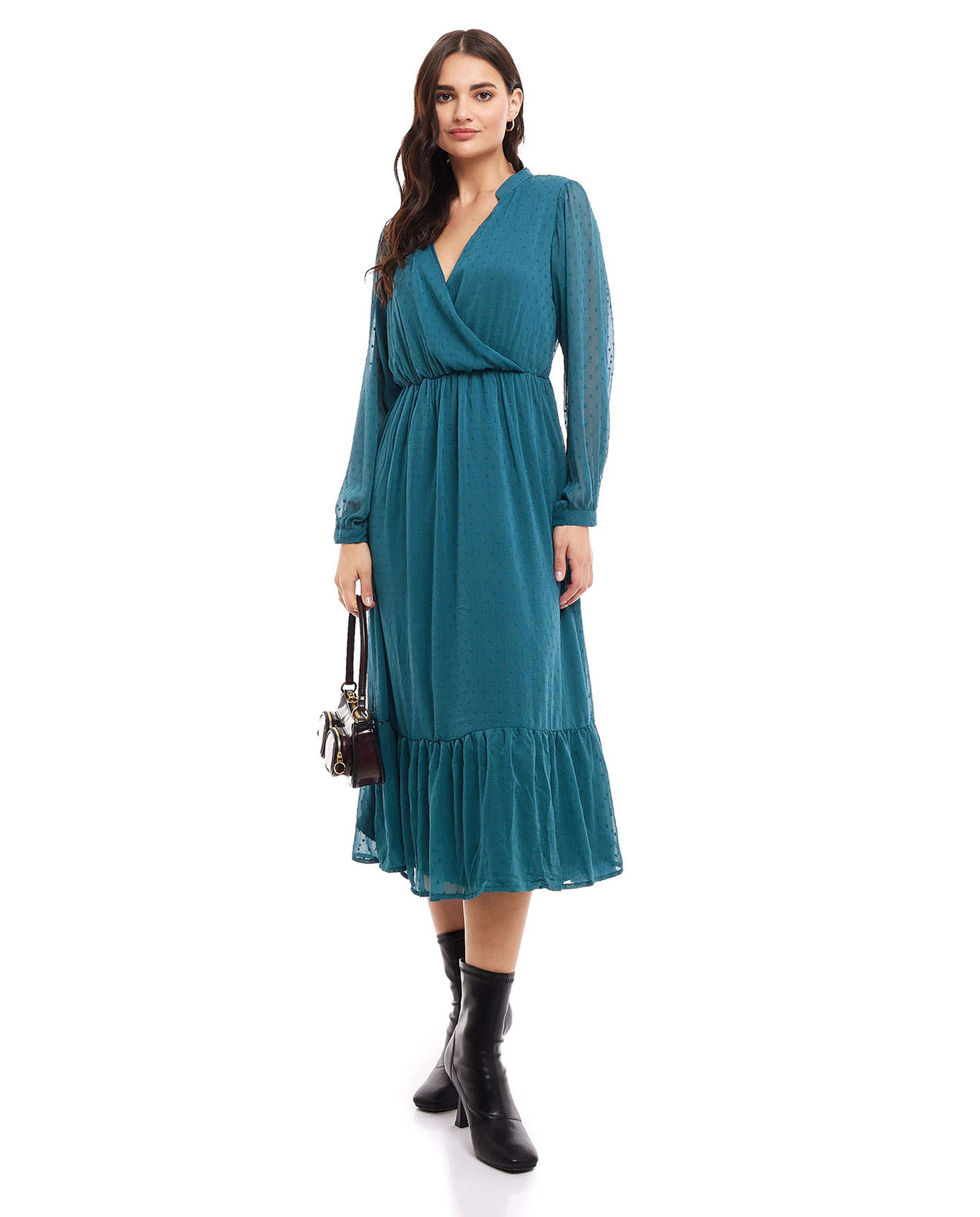 Woven Midi Dress with V-Neck and Long Sleeves