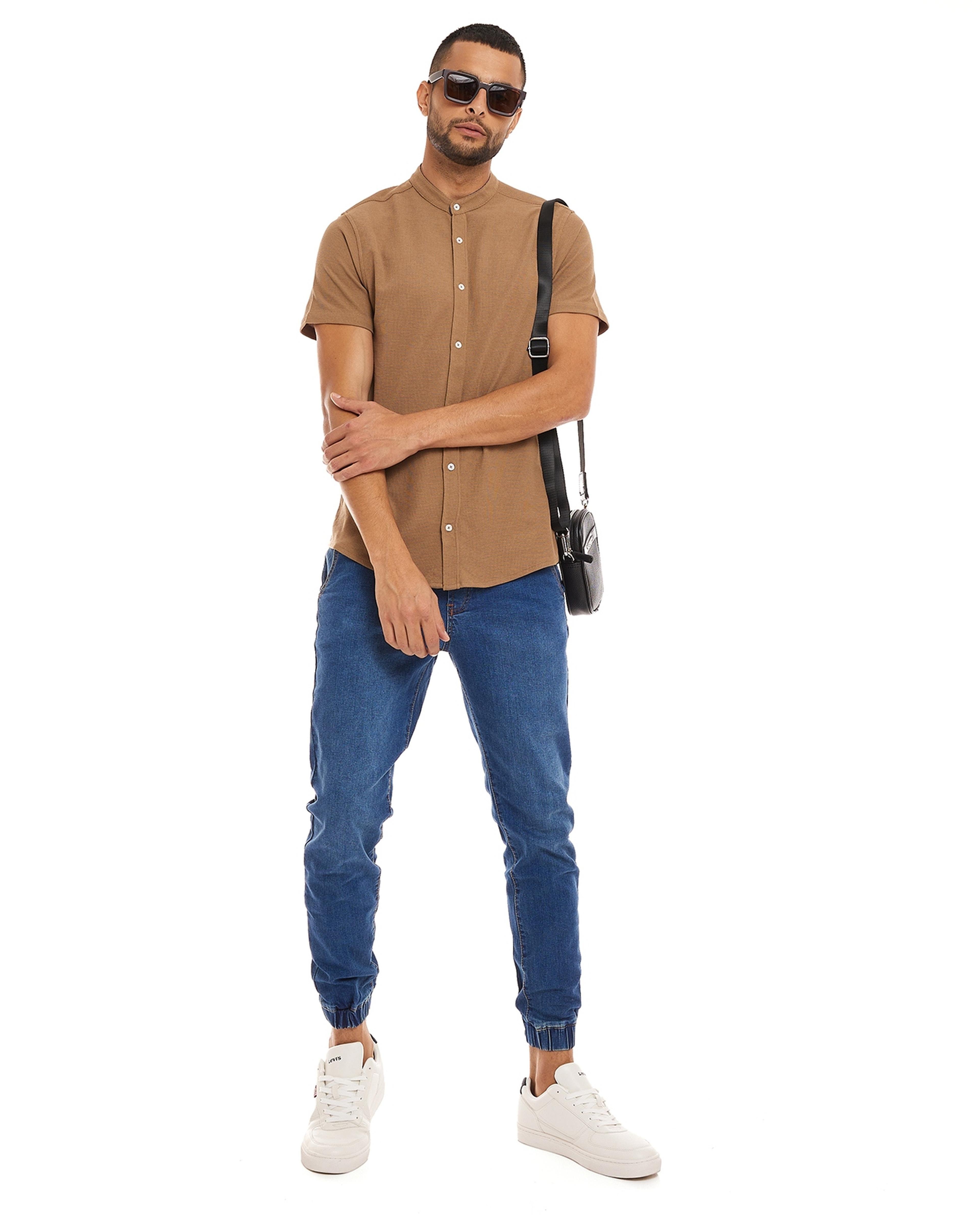 Solid Knitted Shirt with Mandarin Collar and Short Sleeves