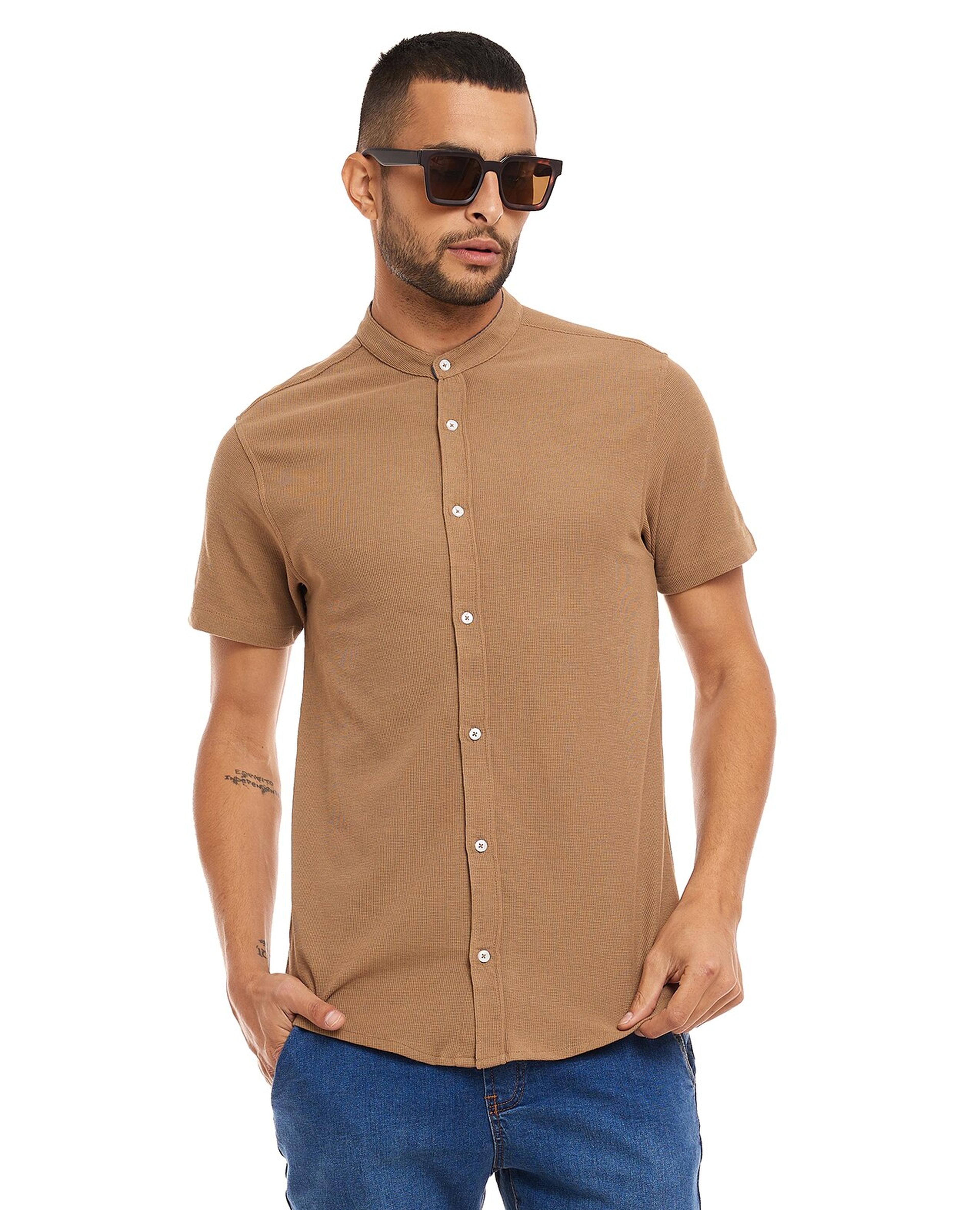 Solid Knitted Shirt with Mandarin Collar and Short Sleeves