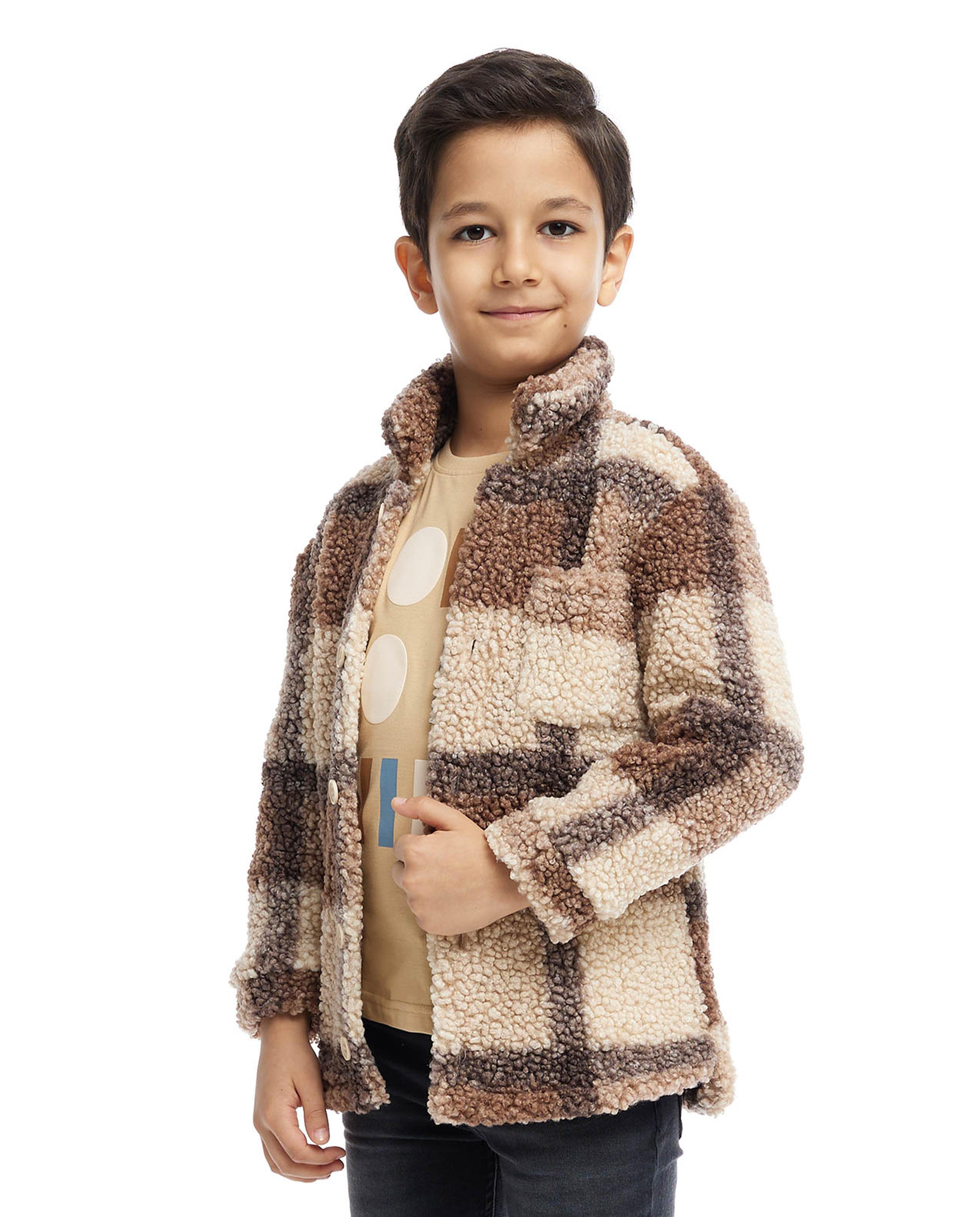 Plaid Sherpa Jacket with Button Closure