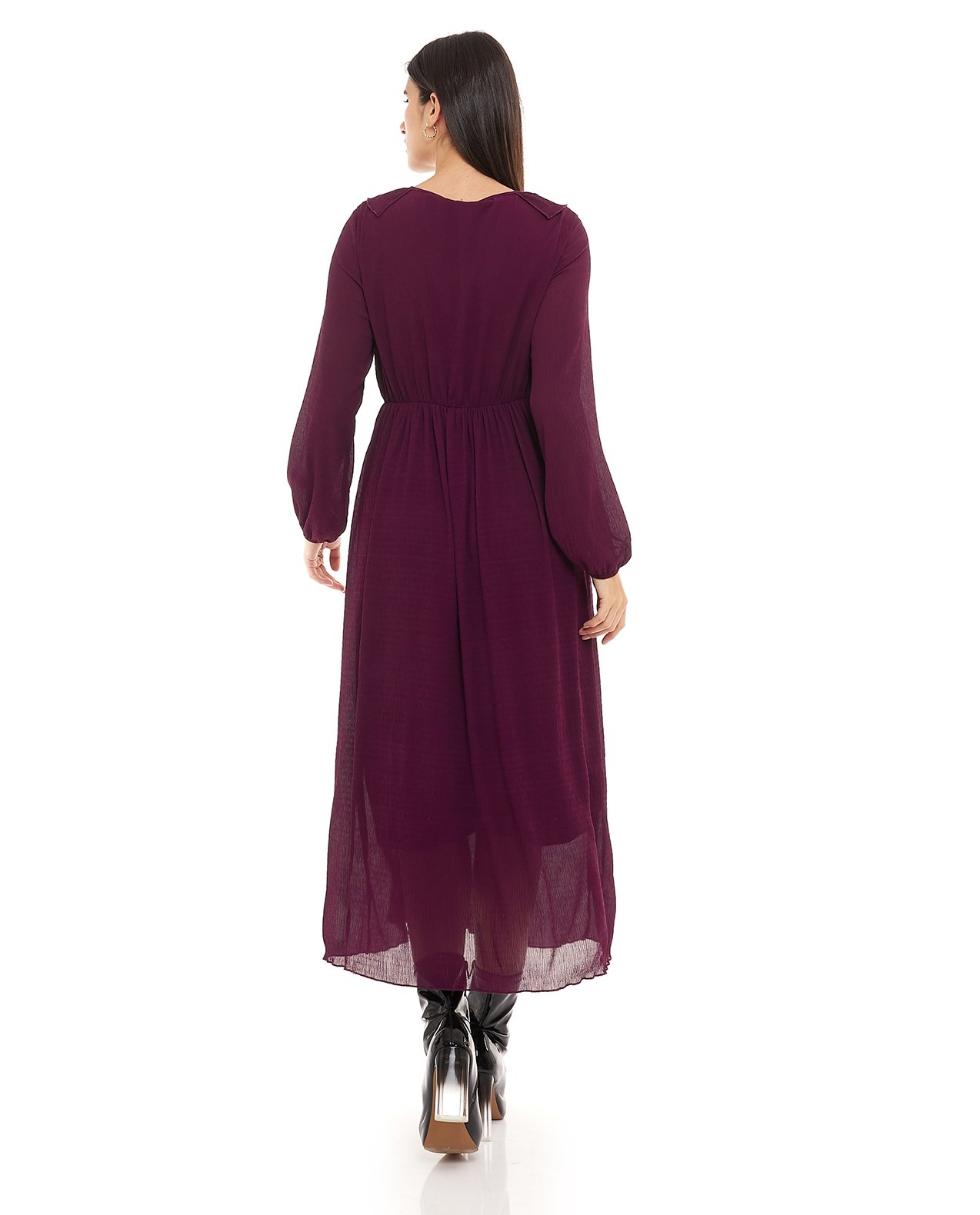 Shop Solid Midi Dress with V-Neck and Long Sleeves Online | R&B UAE