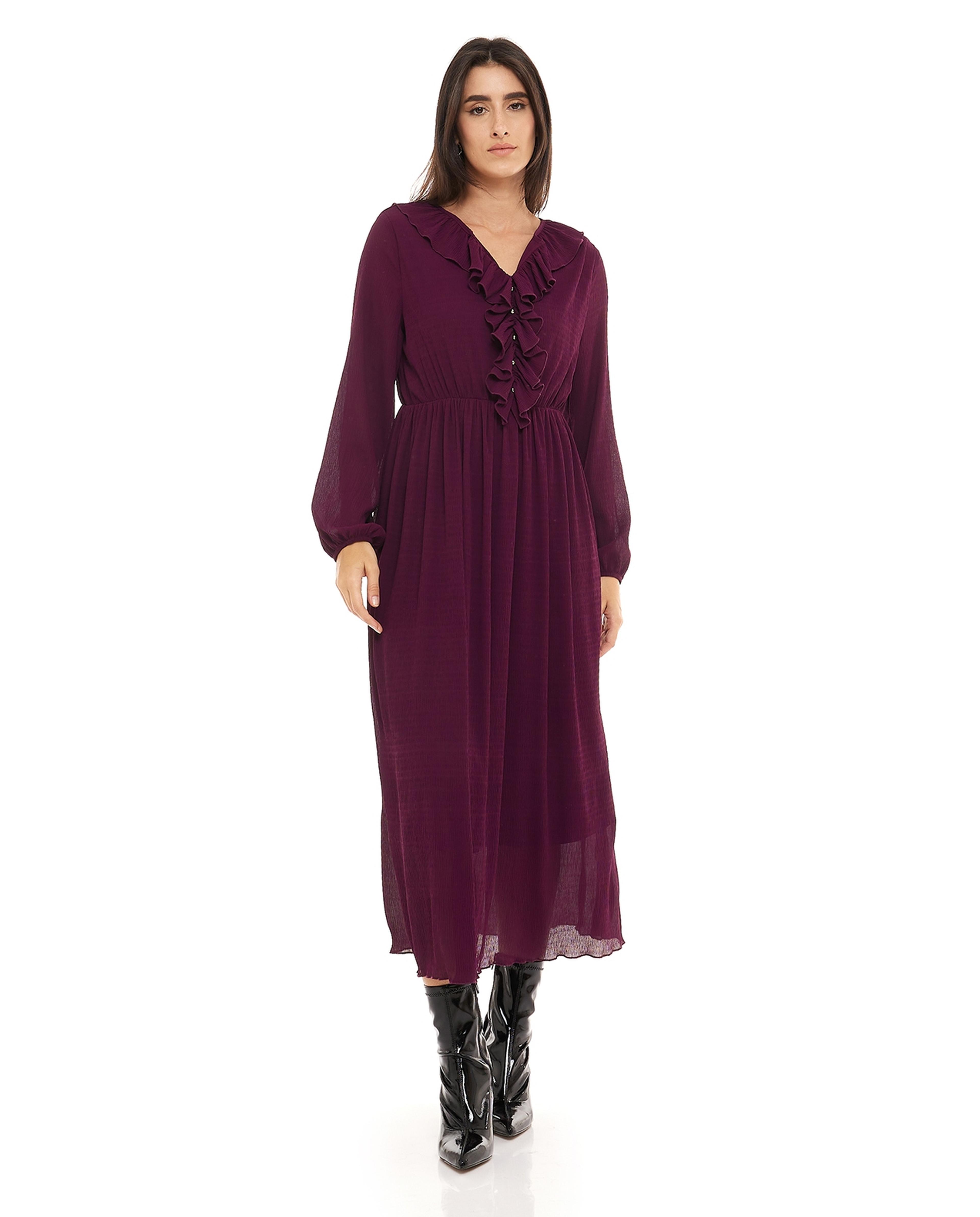 Solid Midi Dress with V-Neck and Long Sleeves