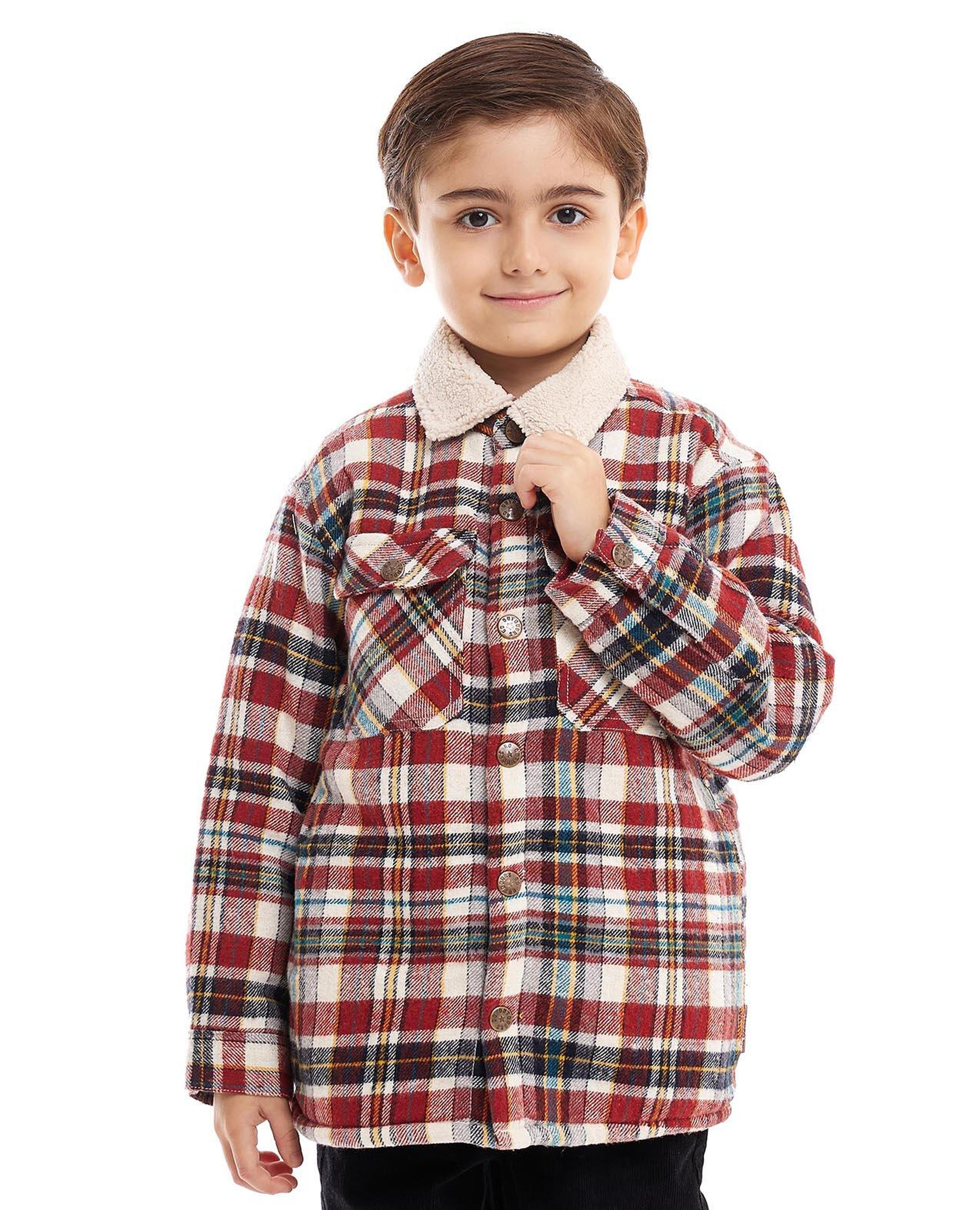 Plaid Shacket with Spread Collar and Long Sleeves