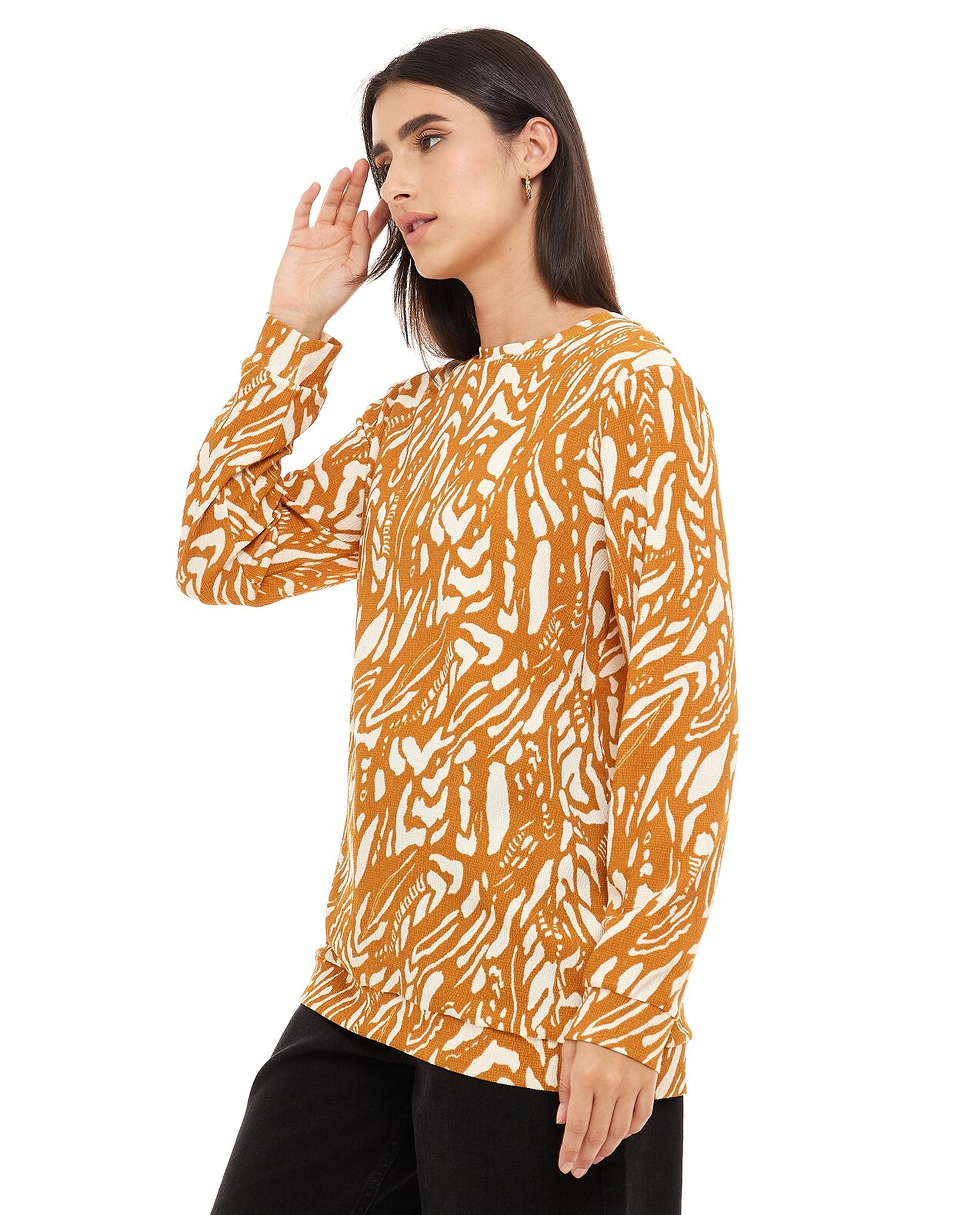 Patterned Tunic with Crew Neck and Long Sleeves