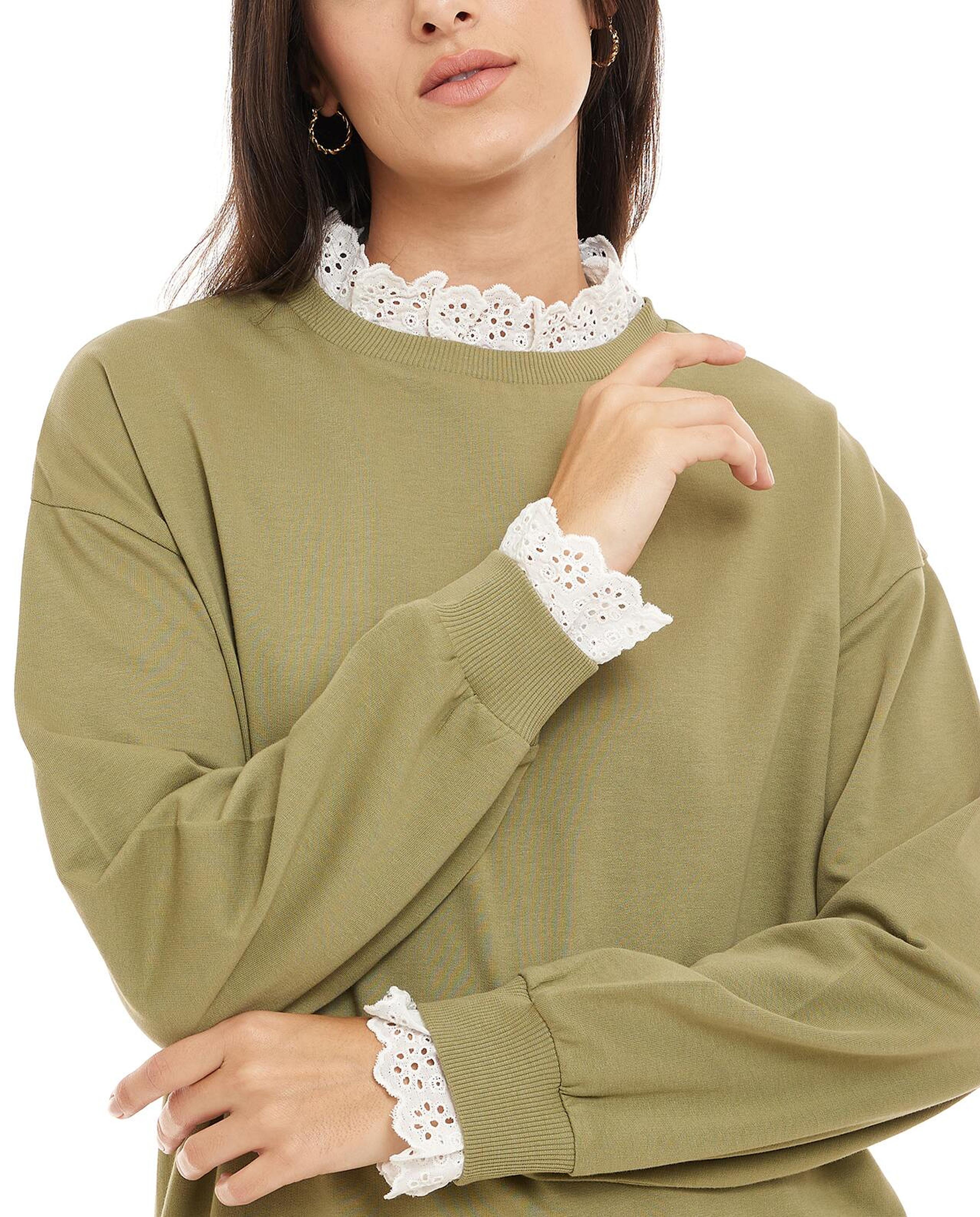 Lace Trim Sweatshirt with Long Sleeves
