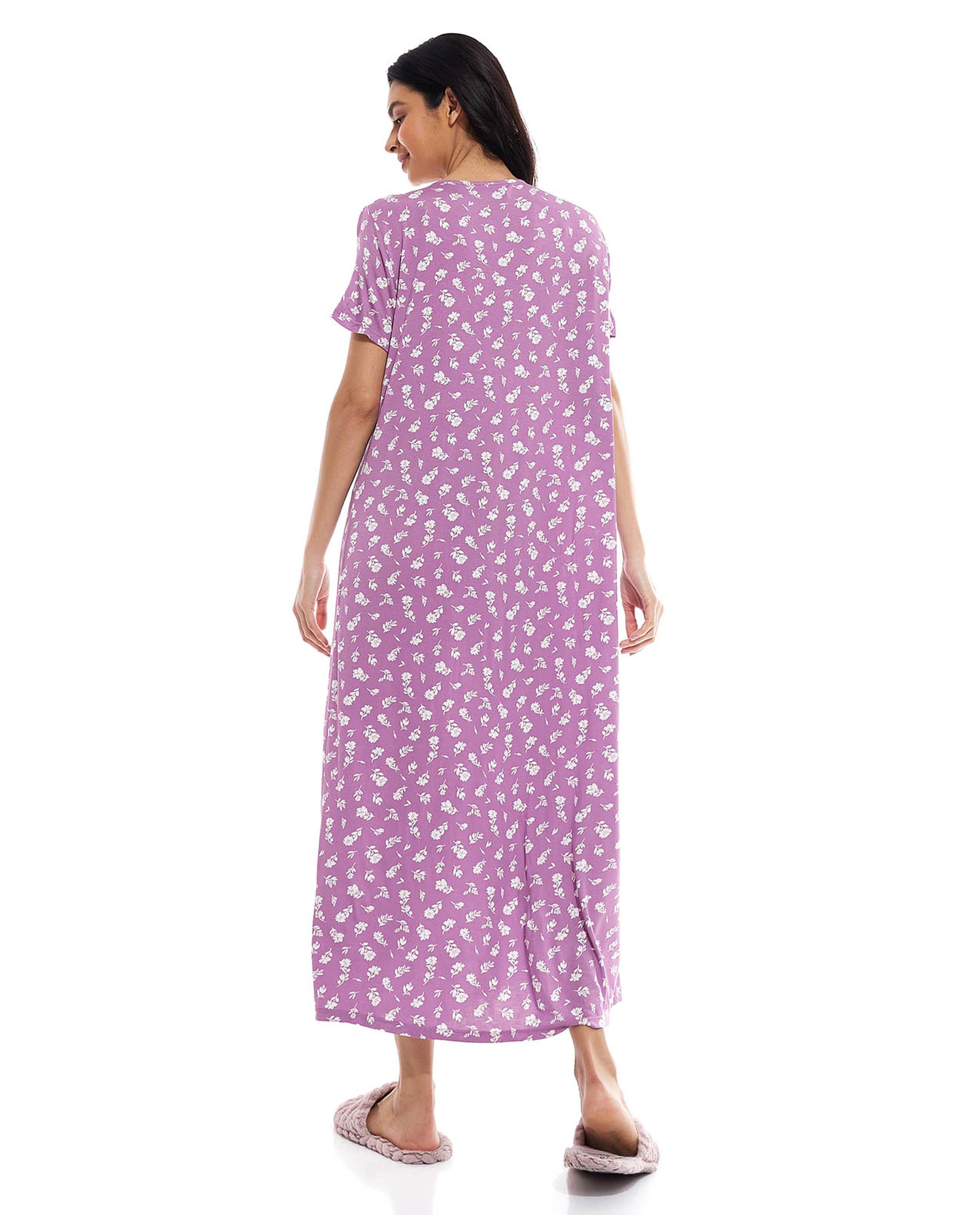 Floral Print Nightgown with V-Neck and Short Sleeves