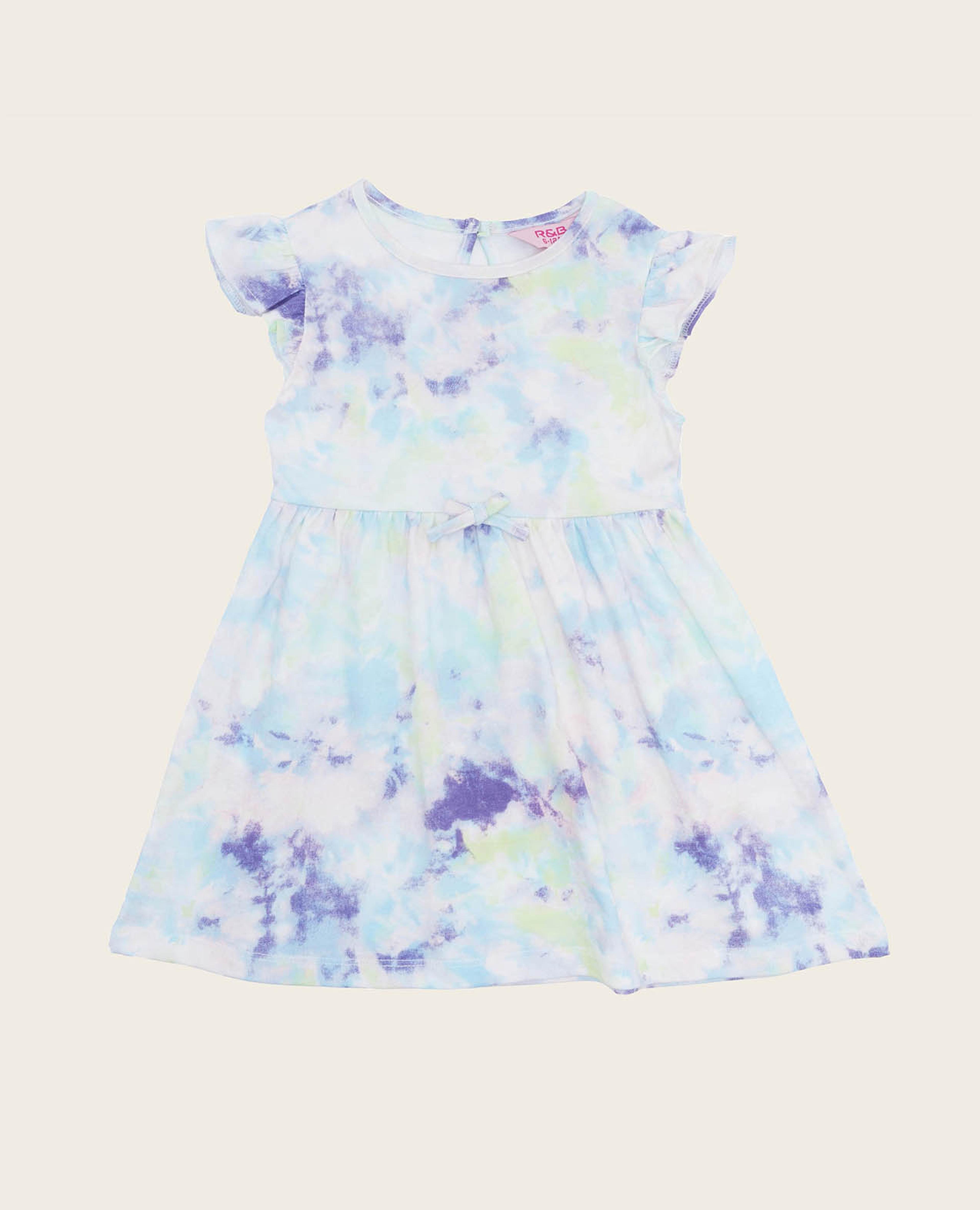 Tie-Dye Fit and Flare Dress with Crew Neck and Flutter Sleeves