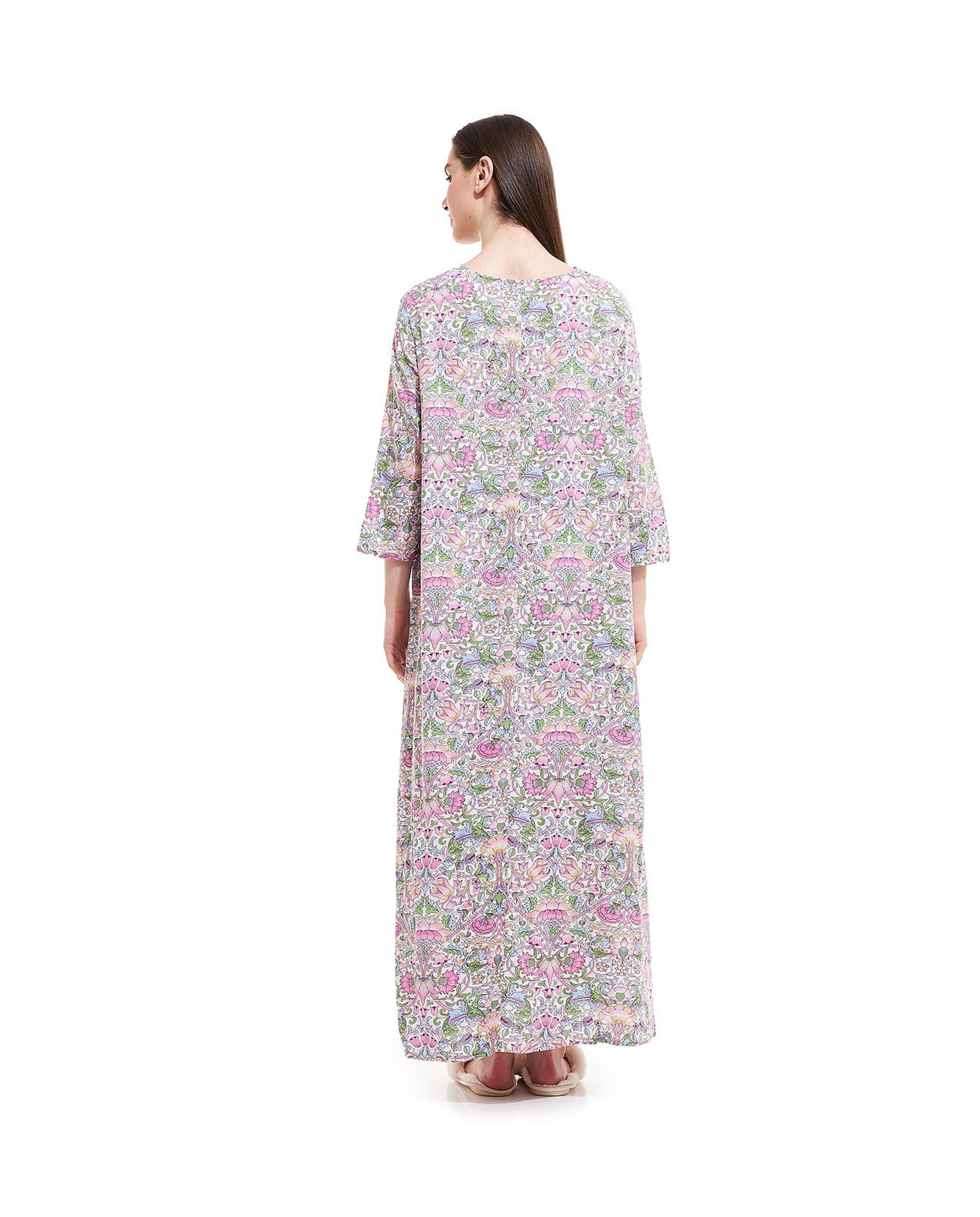 Printed Nightgown with Lace Up Neck and Long Sleeves