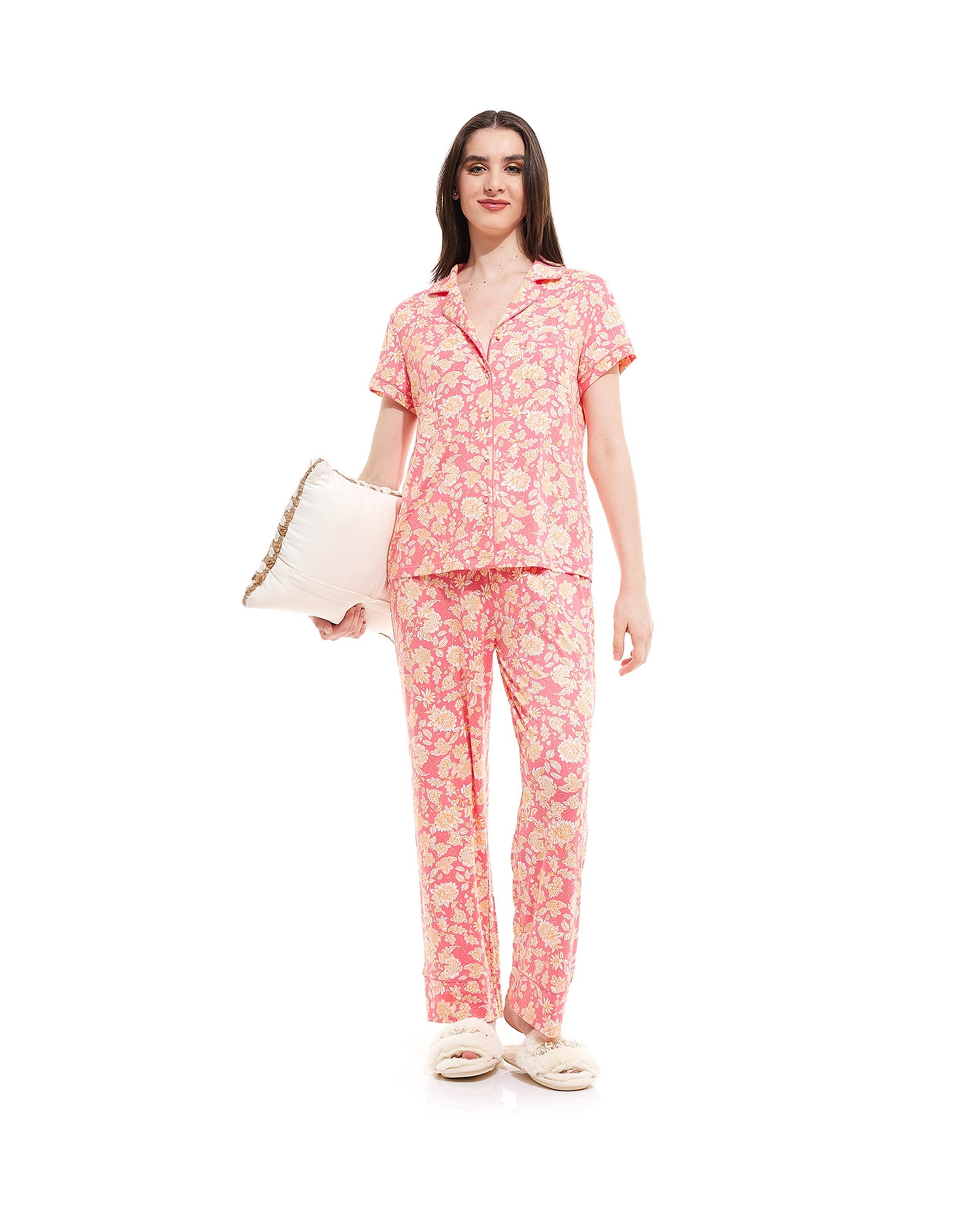 Floral Printed Pajama Set with Short Sleeves