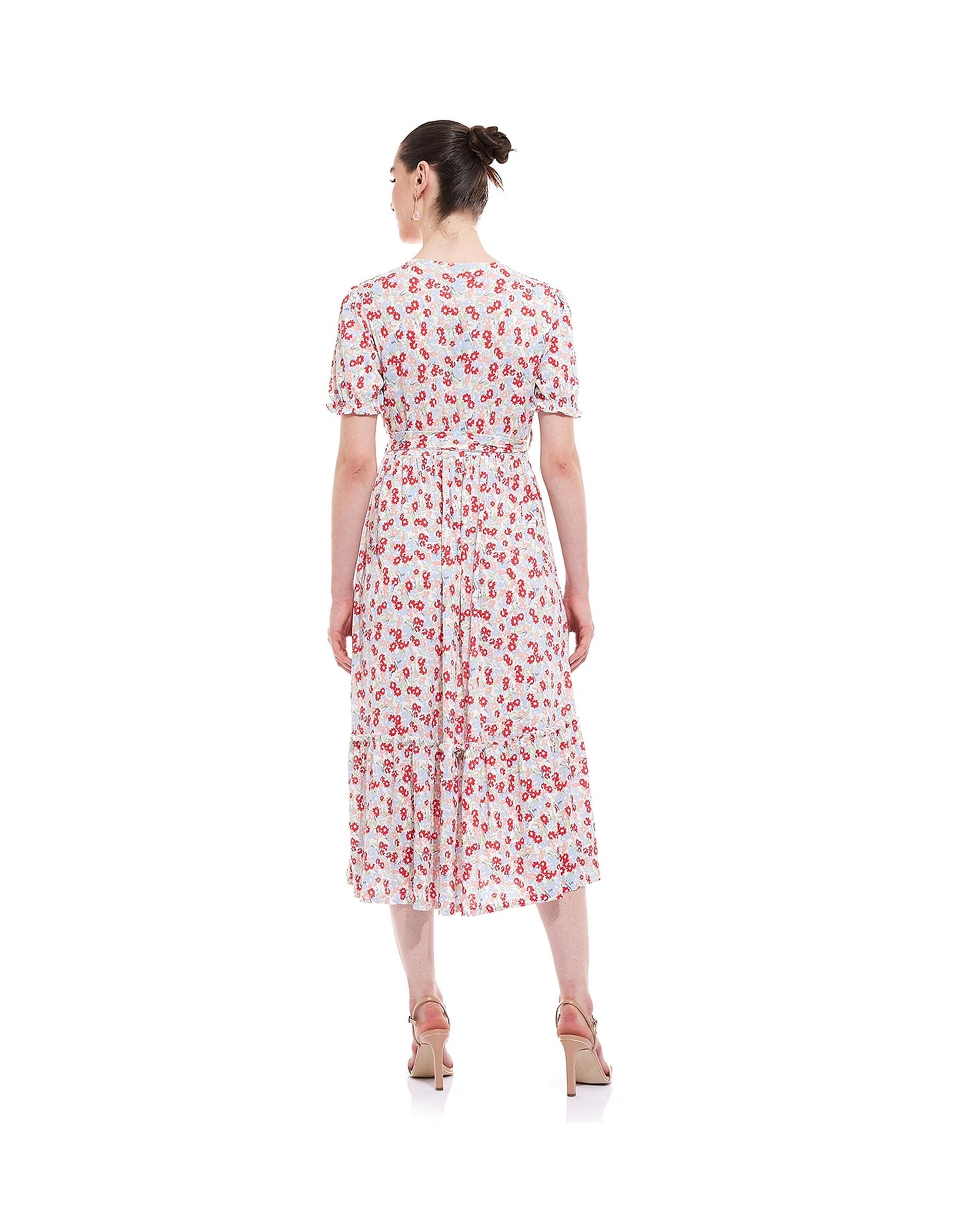 Printed Midi Dress with V-Neck and Short Sleeves