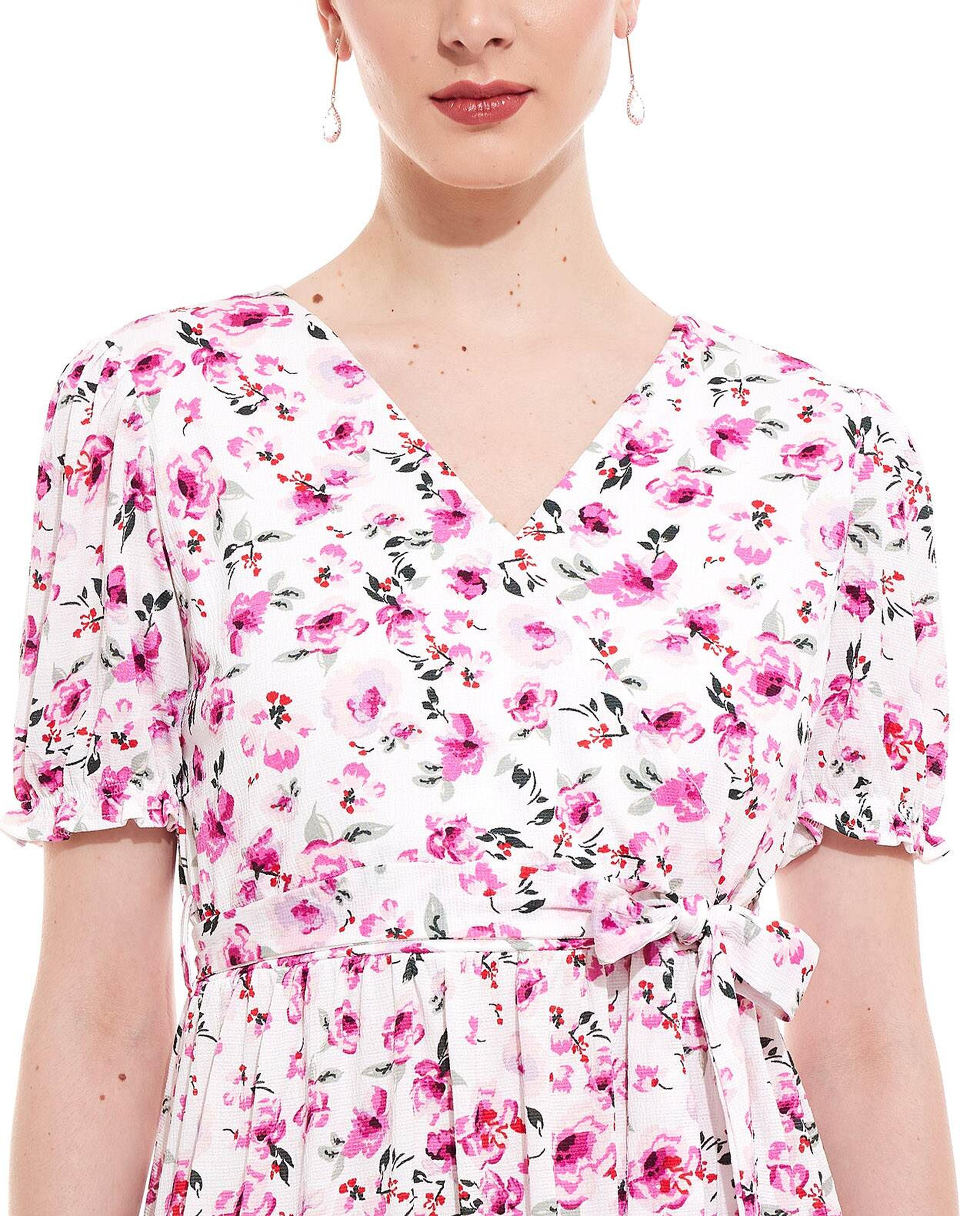 Printed Midi Dress with V-Neck and Short Sleeves