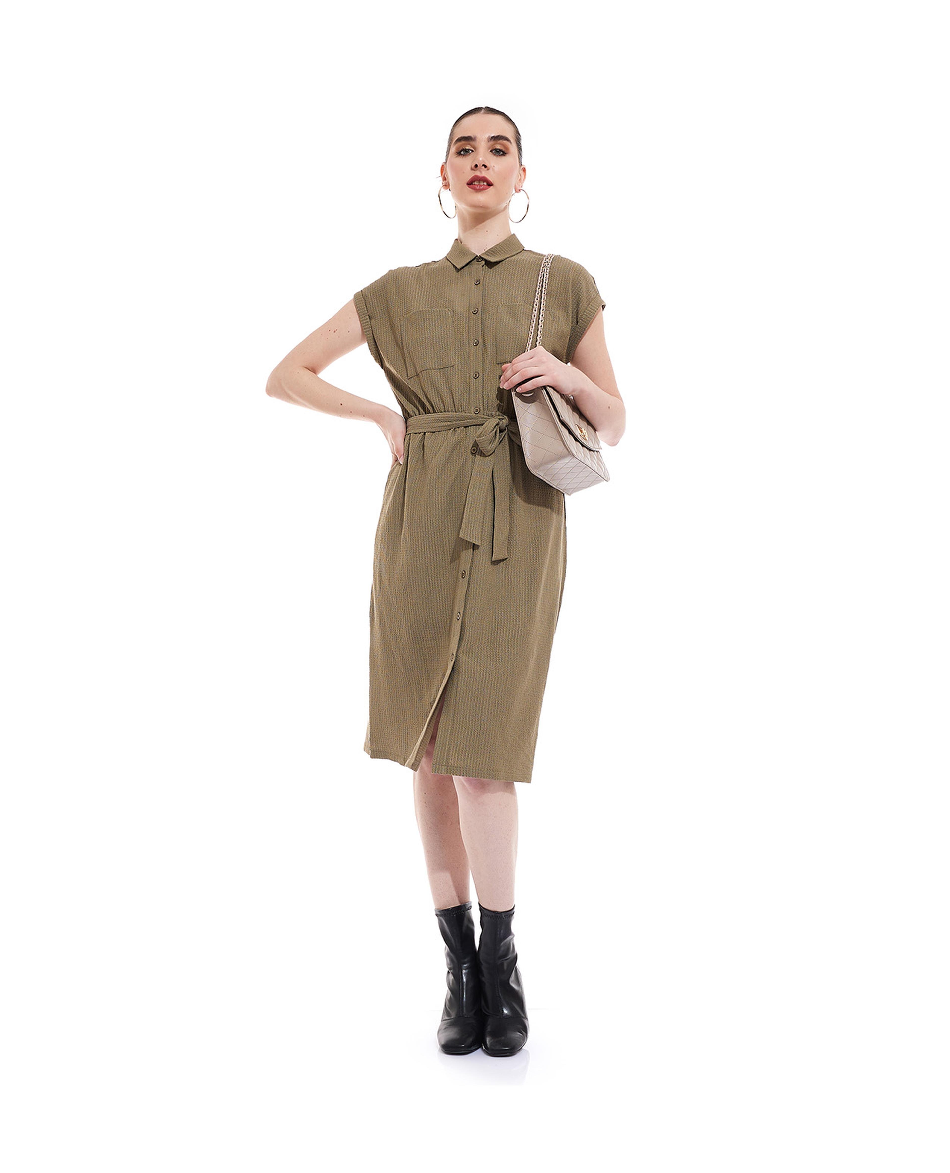 Belted Shirt Dress with Short Sleeves