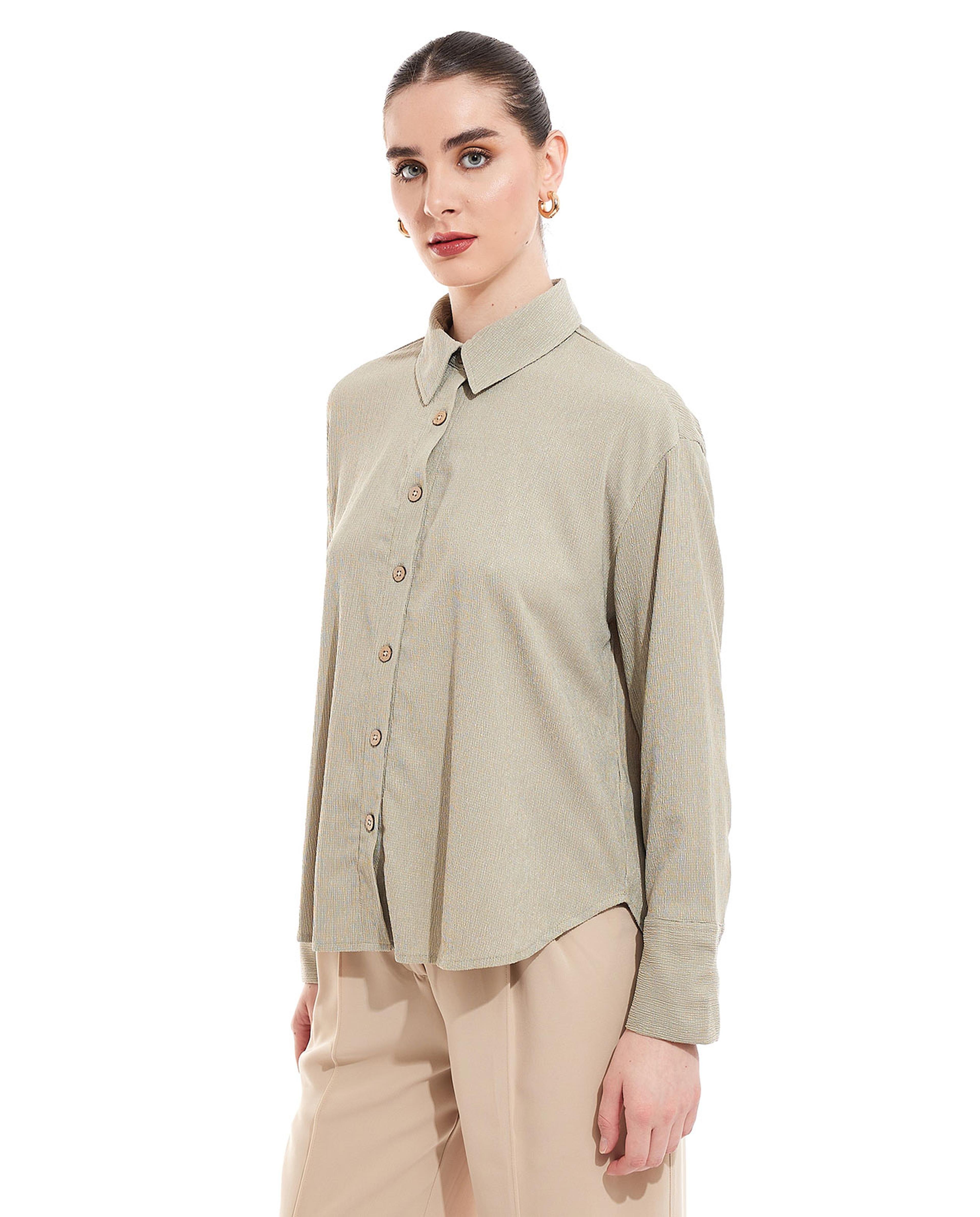 Textured Shirt with Classic Collar and Long Sleeves