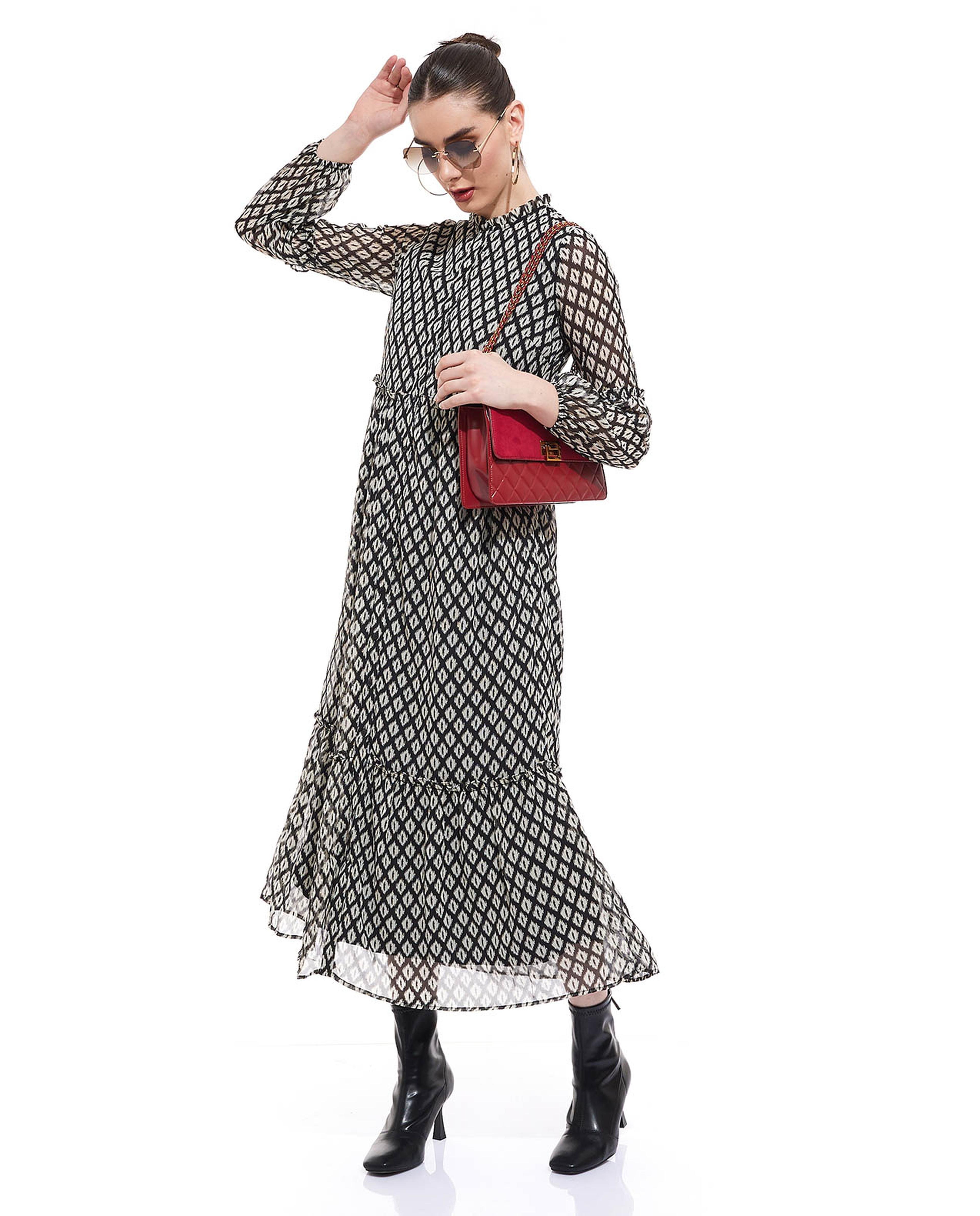 Patterned Midi Dress with Long Sleeves