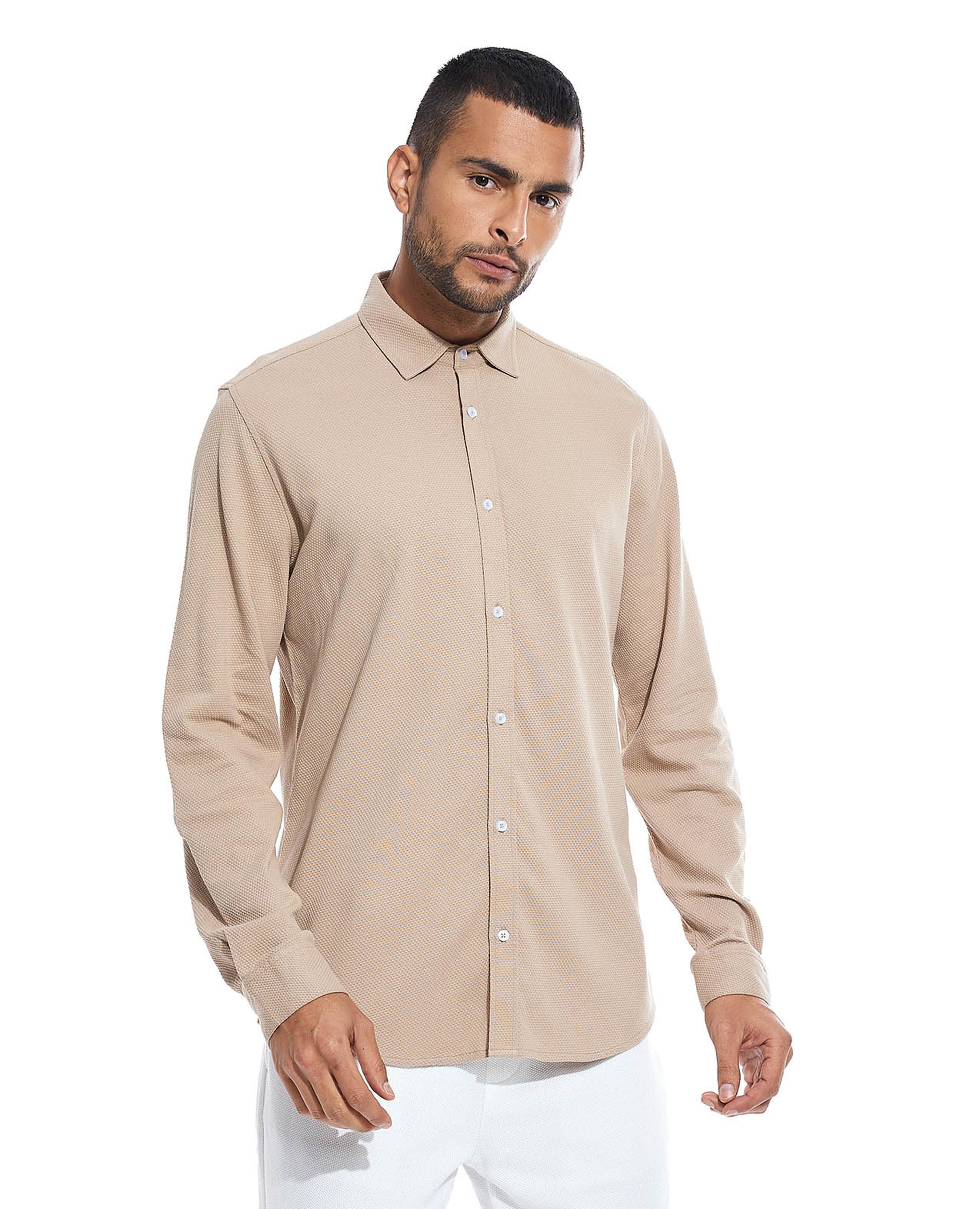 Textured Shirt with Classic Collar and Long Sleeves