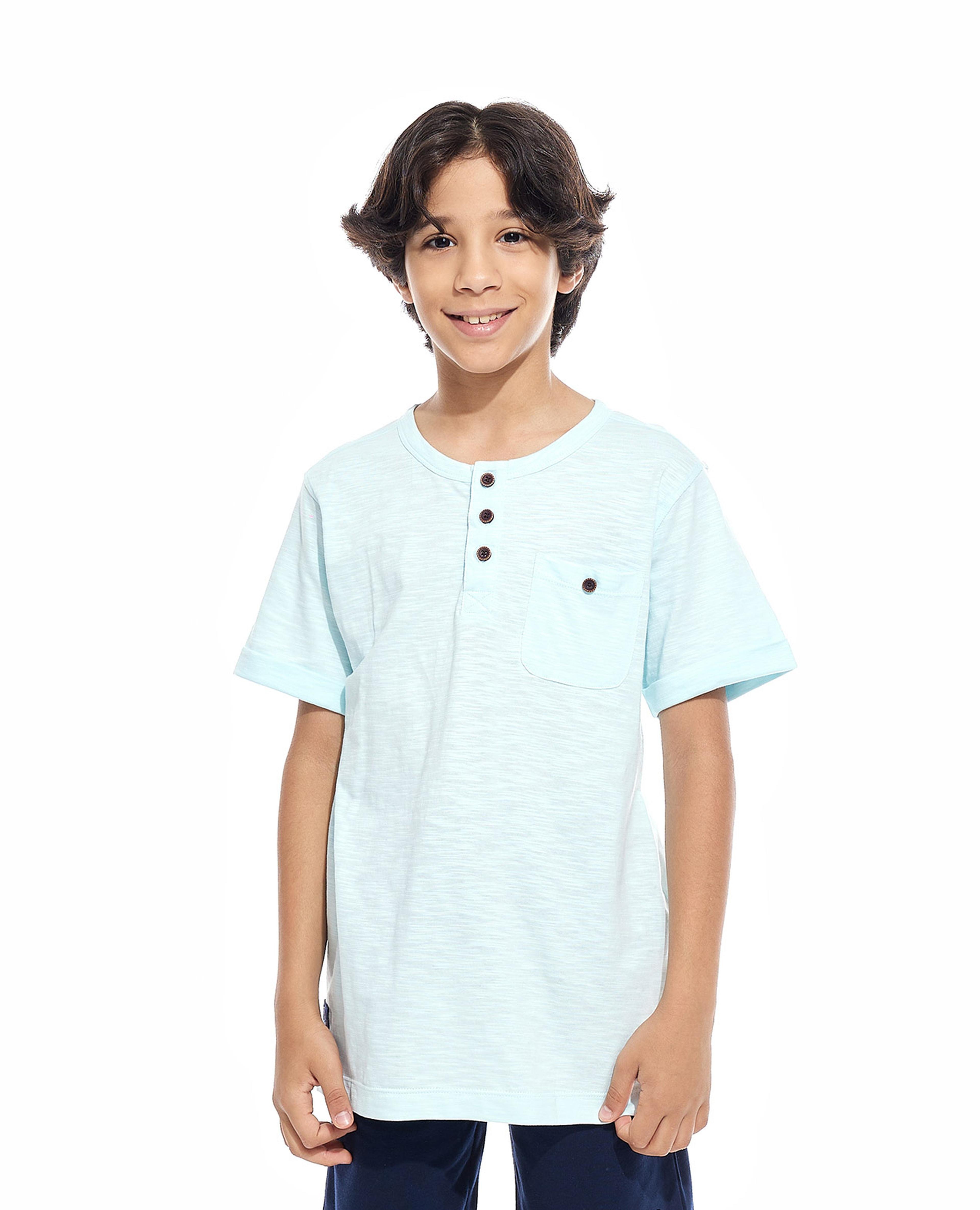 Solid T-Shirt with Henley Neck and Short Sleeves