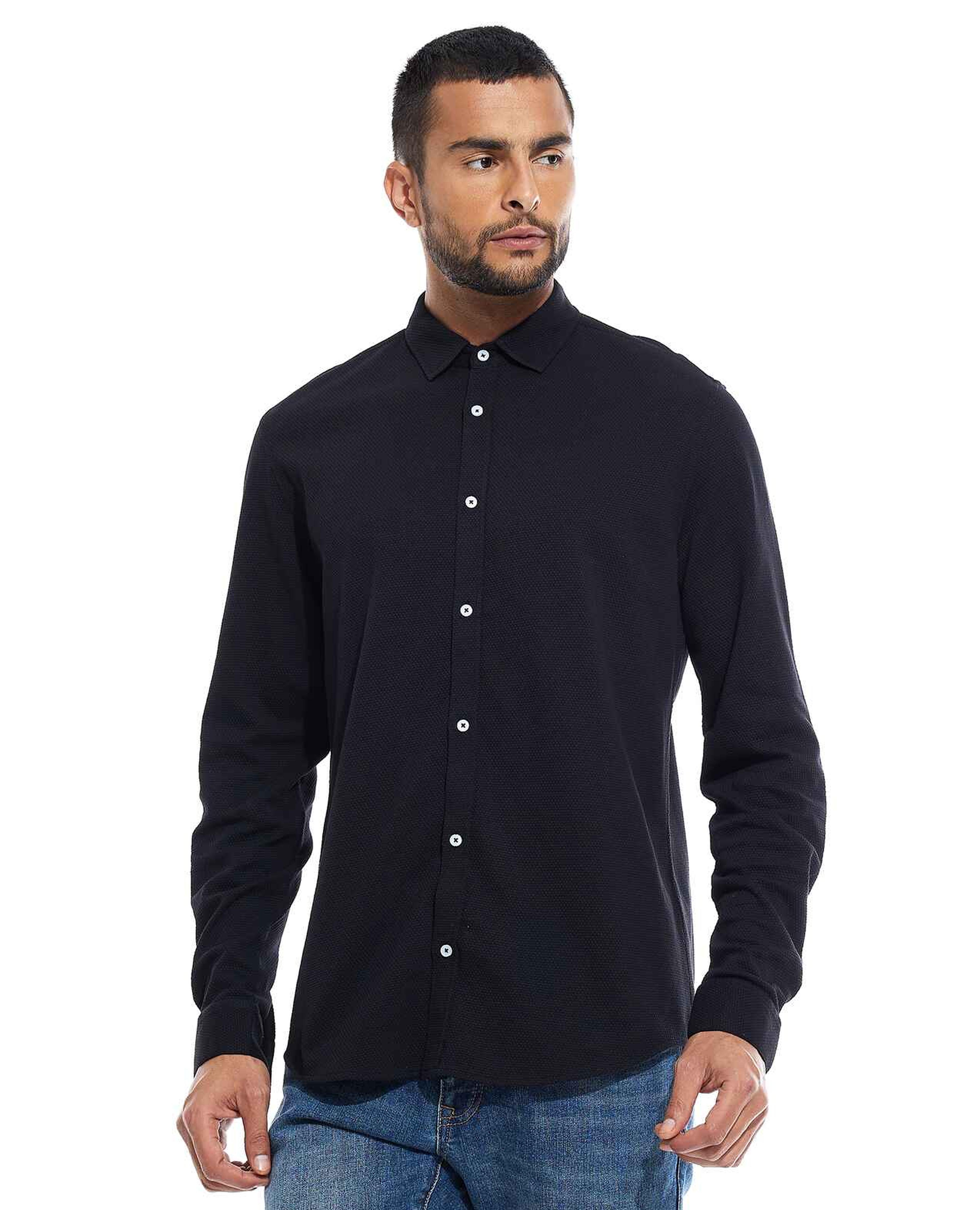Textured Knit Shirt with Classic Collar and Long Sleeves