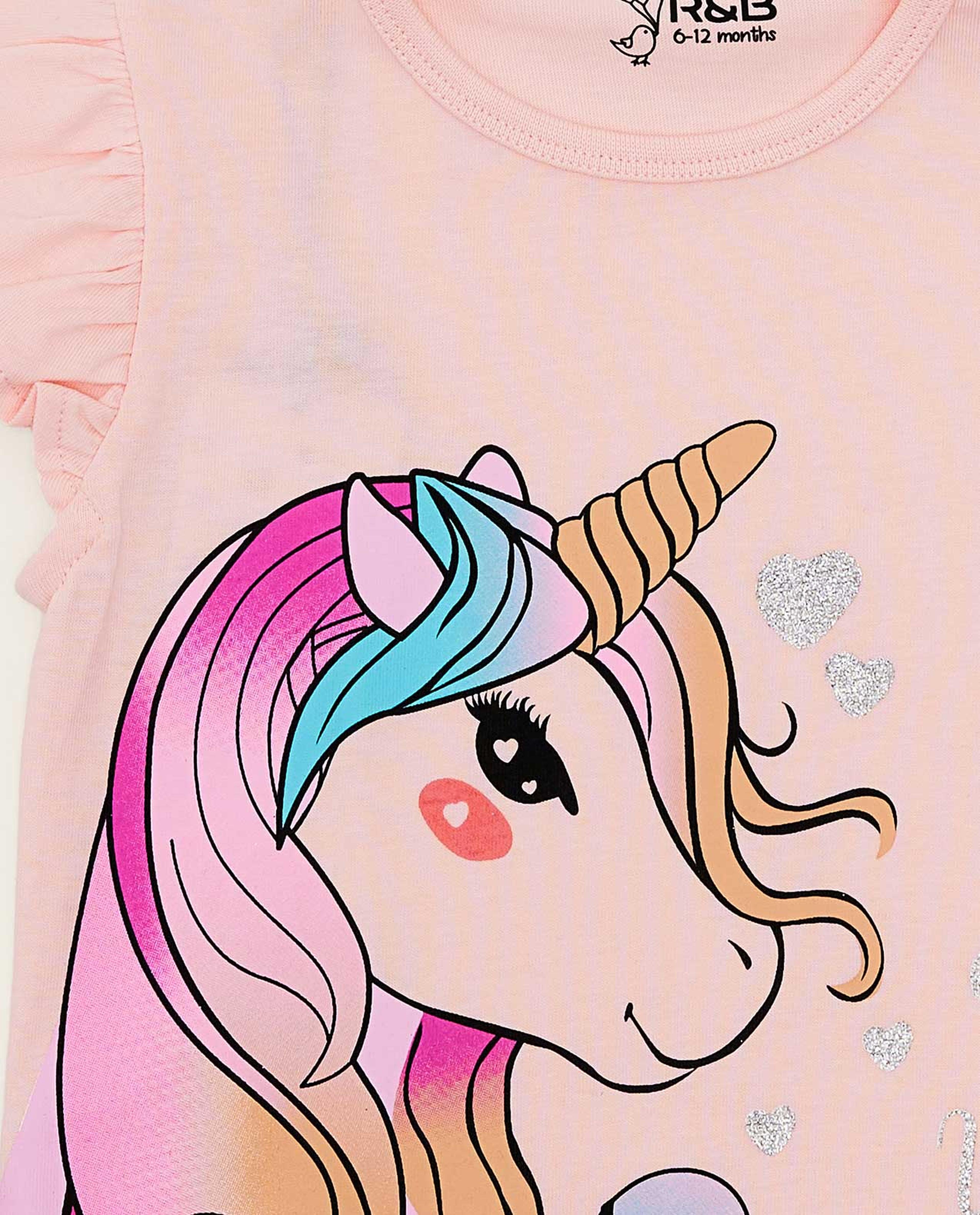 Unicorn Print Top with Crew Neck and Flutter Sleeves