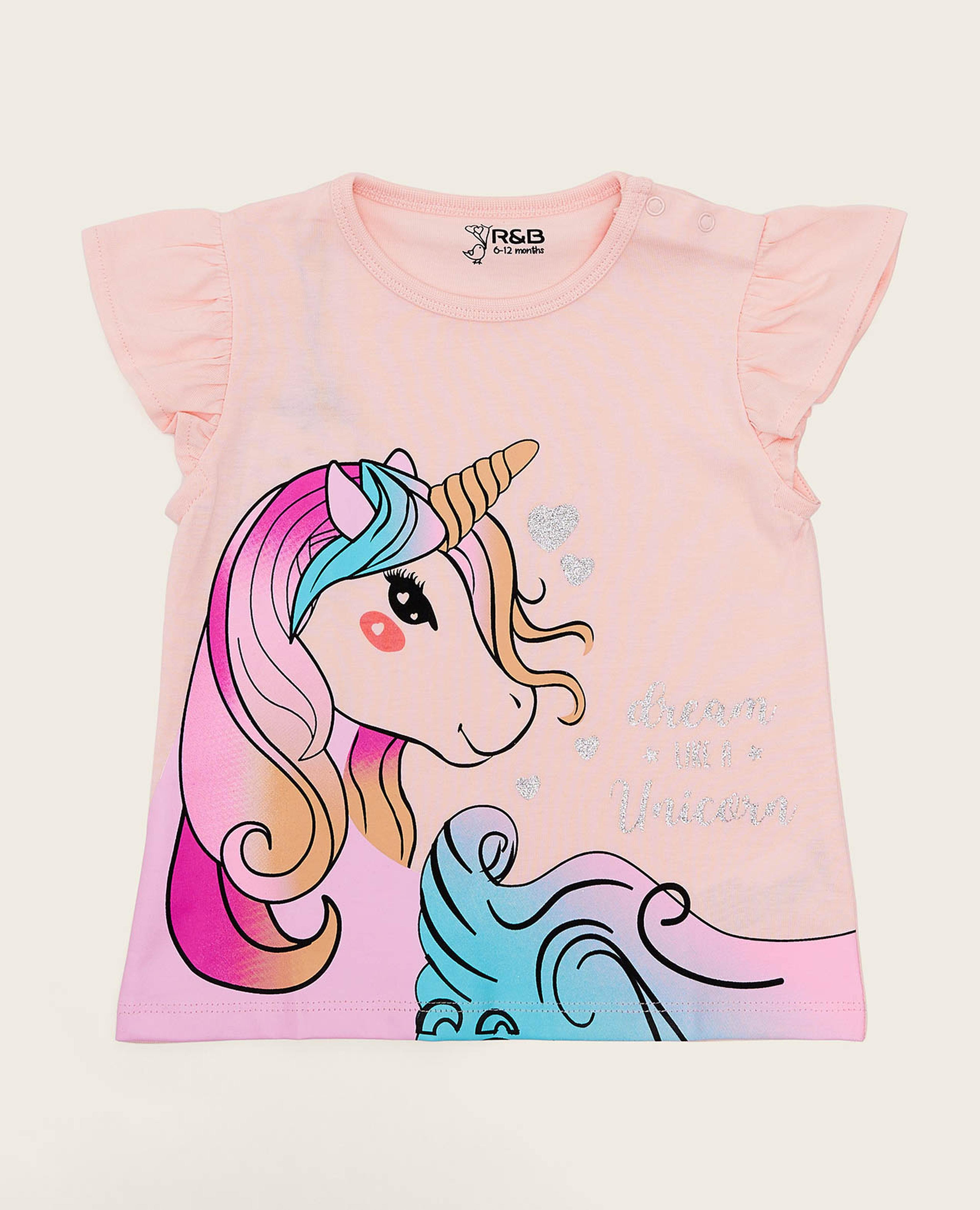 Unicorn Print Top with Crew Neck and Flutter Sleeves
