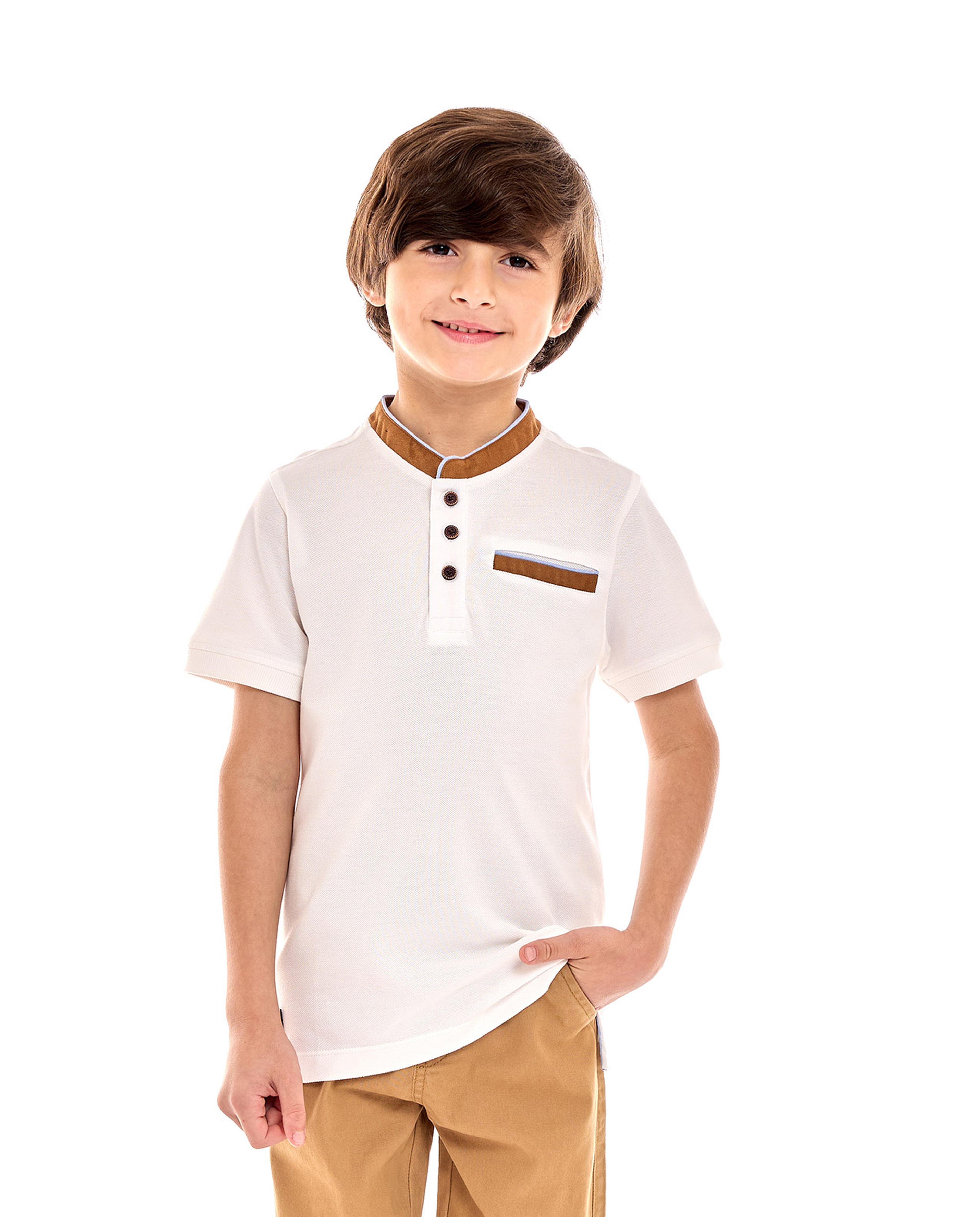Contrast Trim T-Shirt with Stand Collar and Short Sleeves