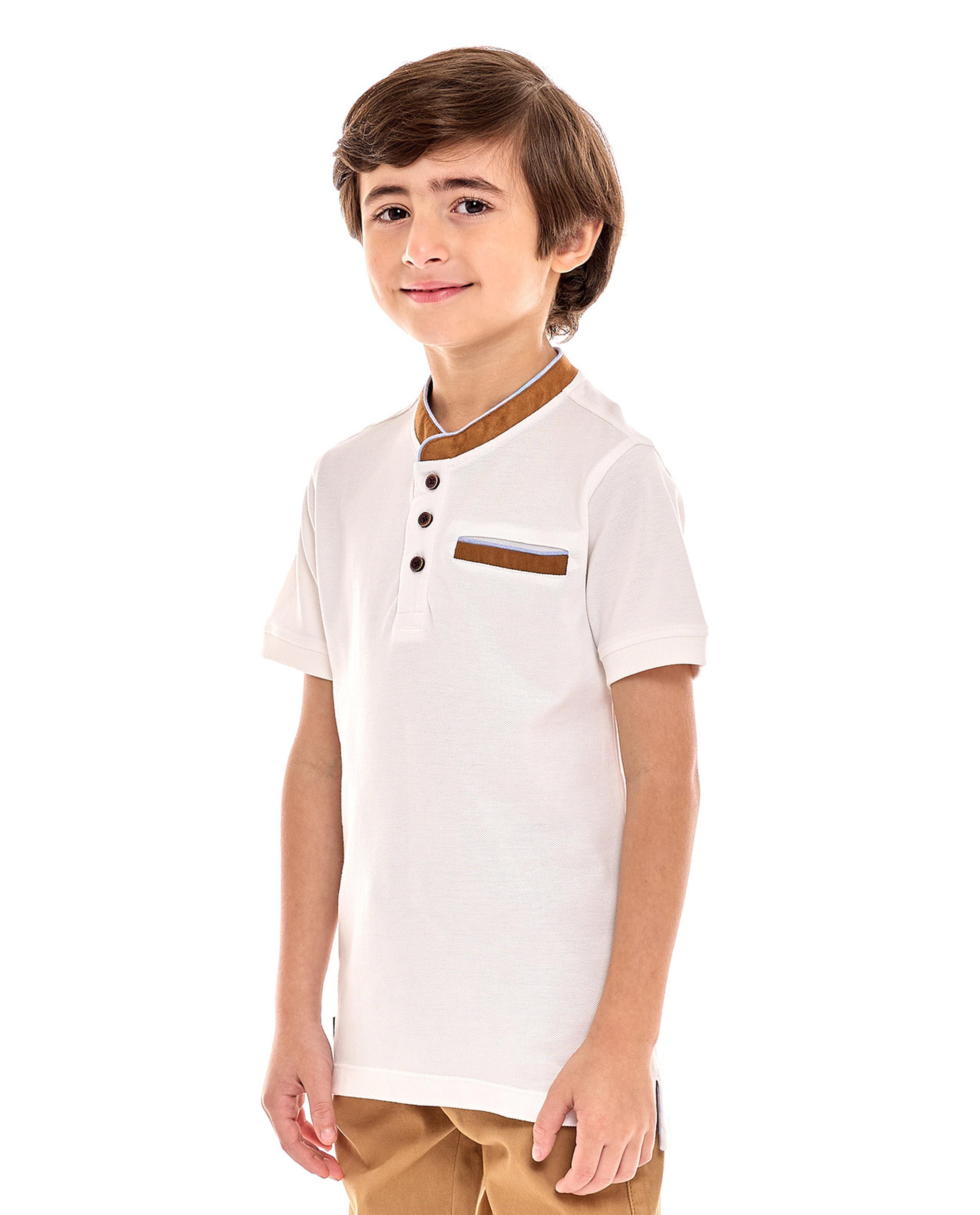 Contrast Trim T-Shirt with Stand Collar and Short Sleeves
