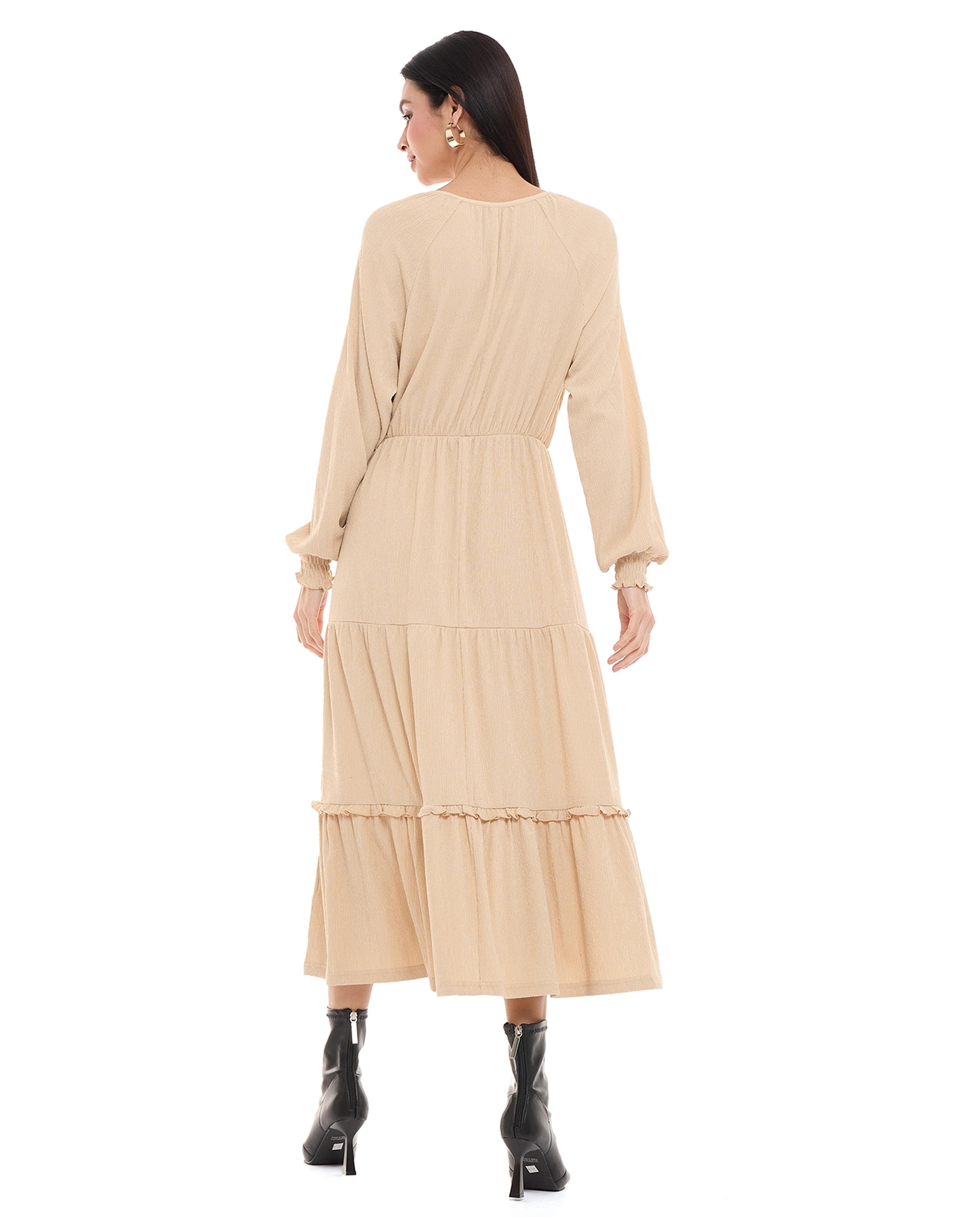 Solid Tiered Dress with Tie-Up Neck and Bishop Sleeves