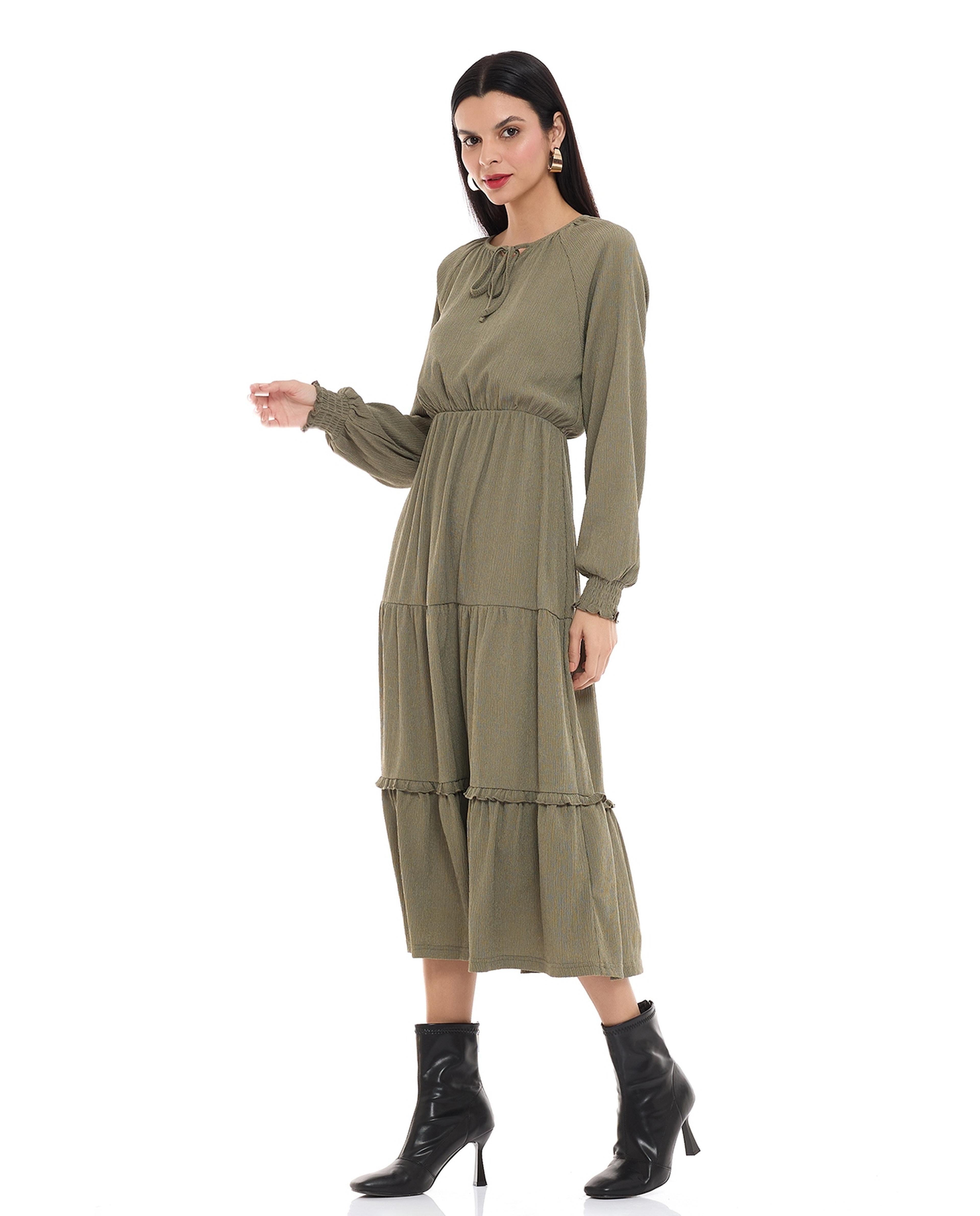 Solid Tiered Dress with Tie-Up Neck and Bishop Sleeves