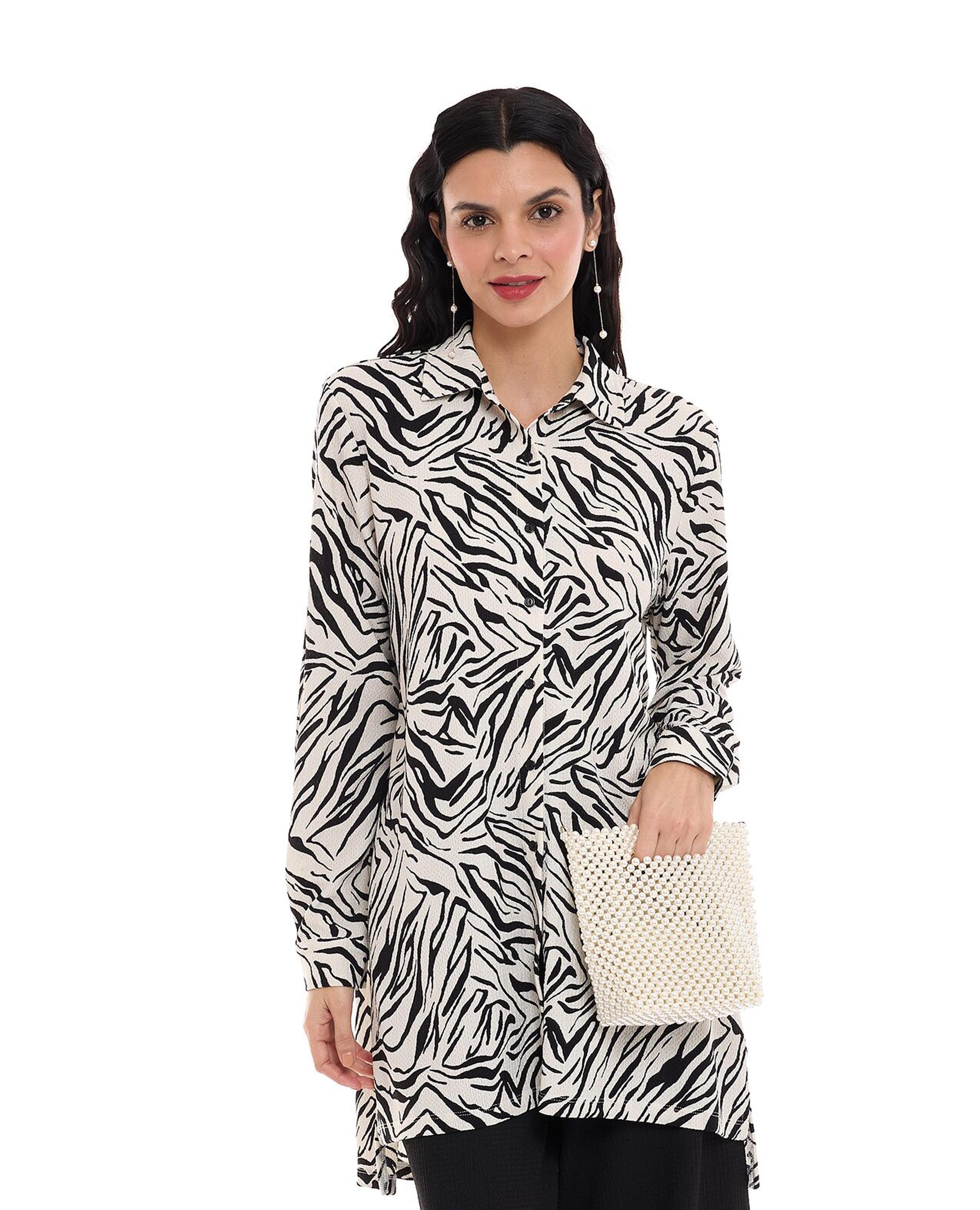 Zebra Printed Tunic Shirt with Classic Collar and Long Sleeves