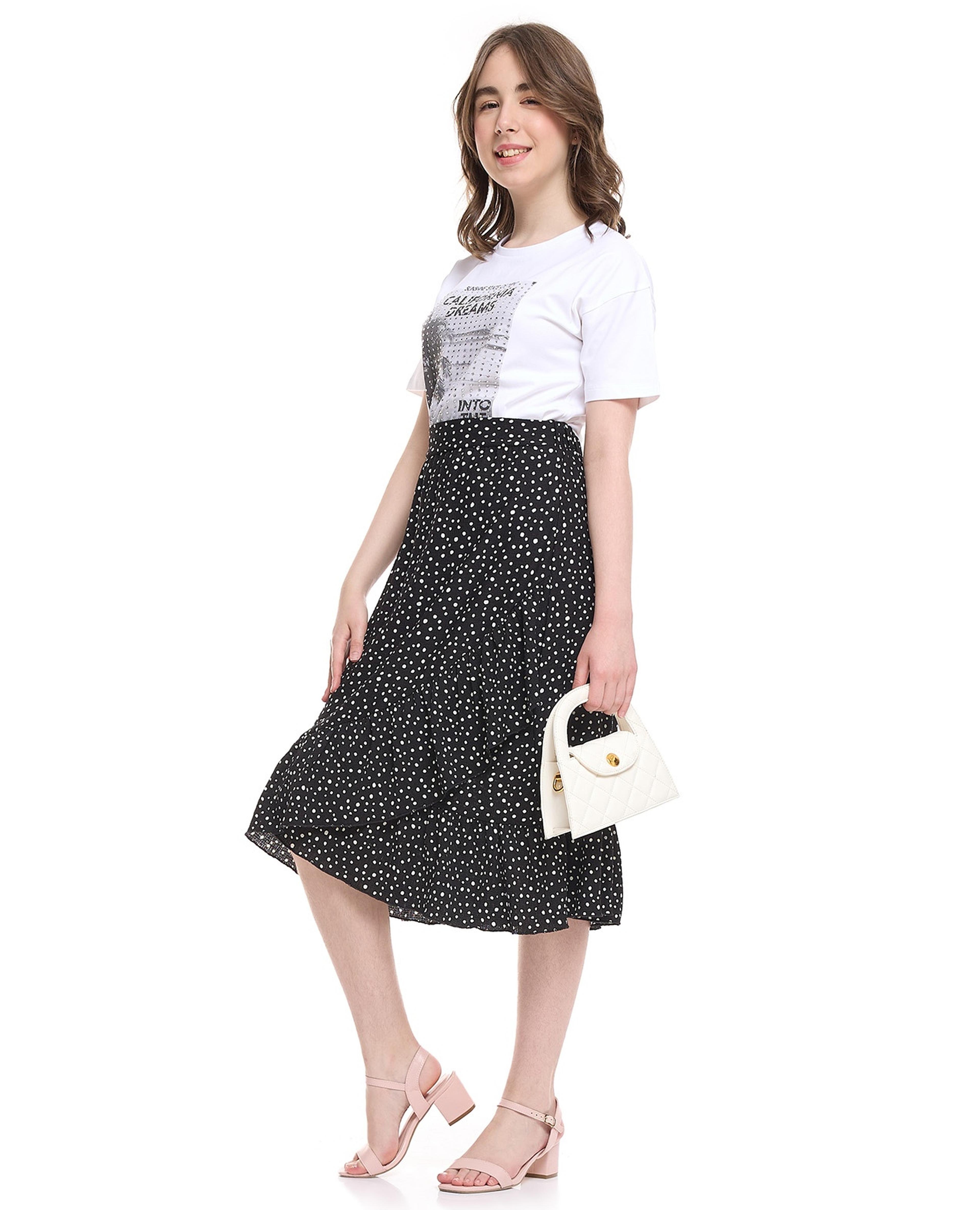 Patterned Elastic Waist Asymmetric Skirt