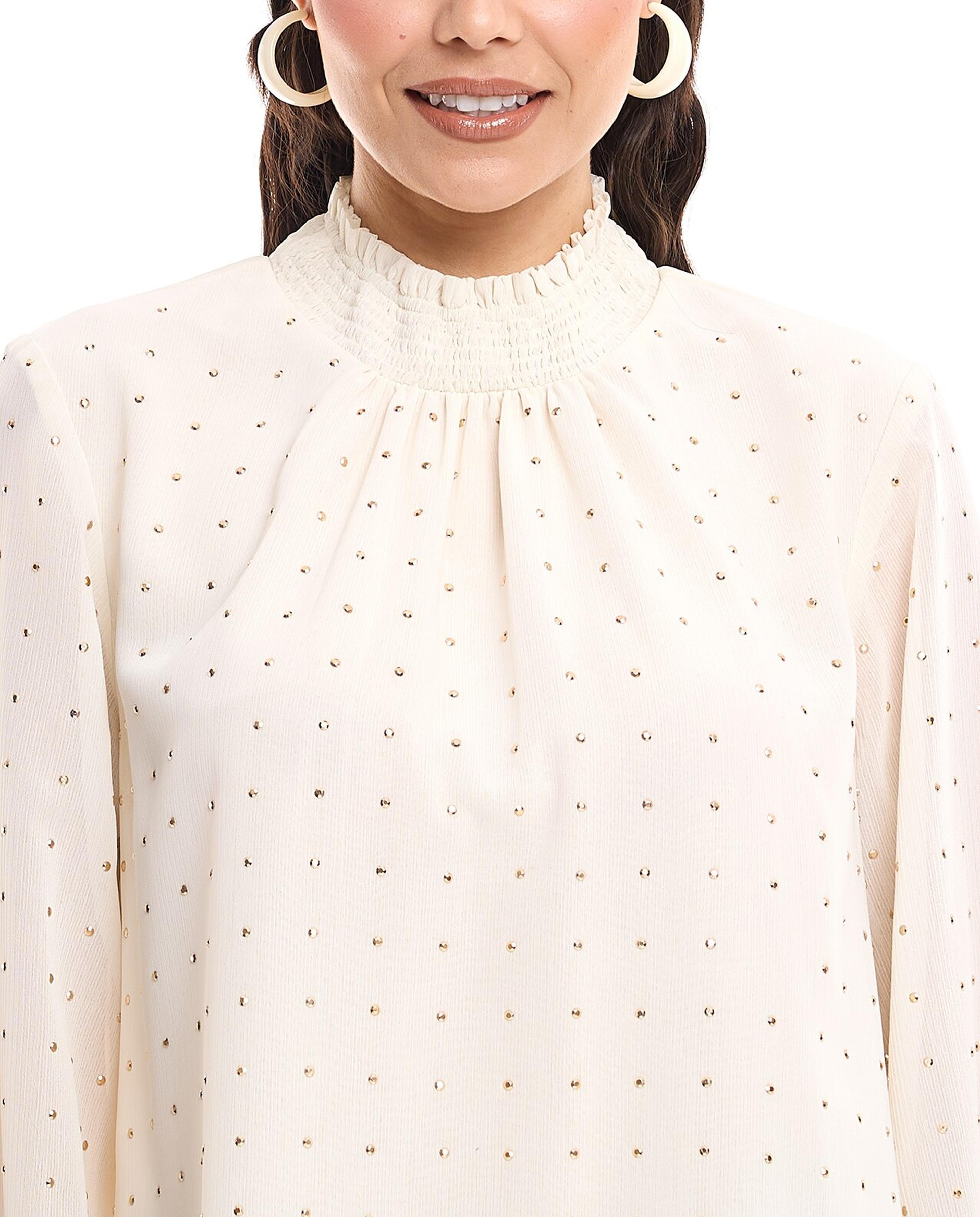 Studded Top with Mock Neck and Bishop Sleeves