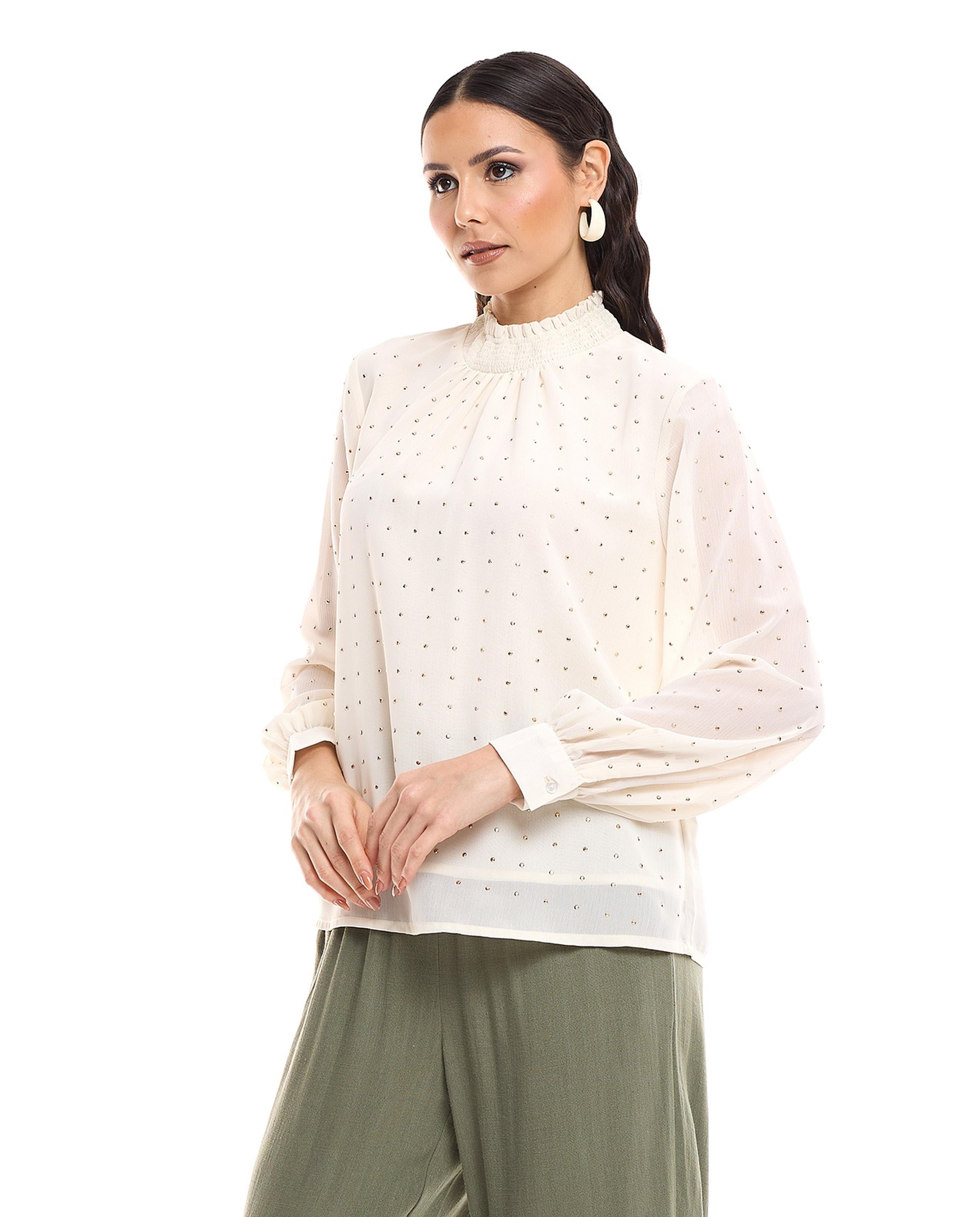 Studded Top with Mock Neck and Bishop Sleeves