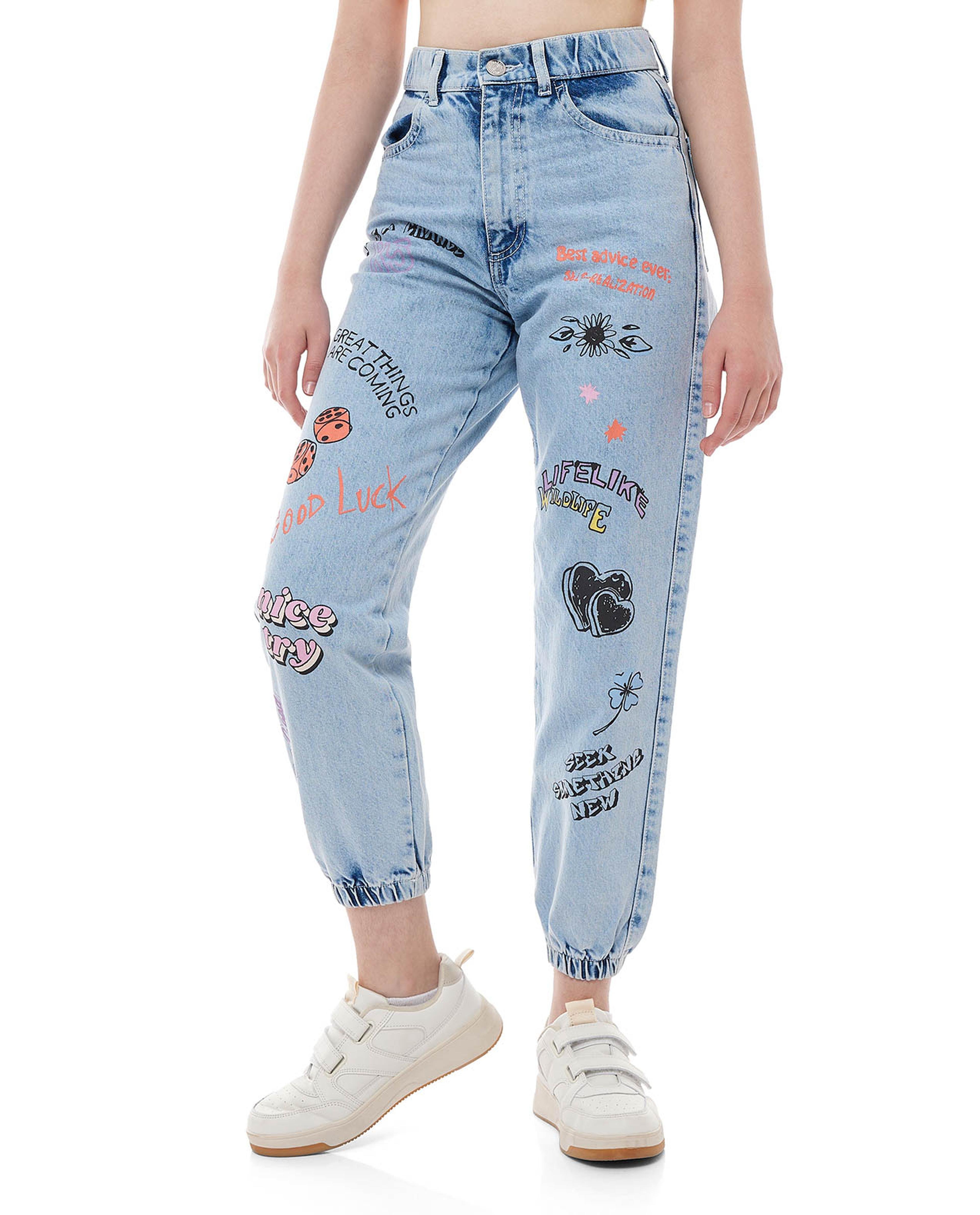Printed Jogger Jeans with Button Closure