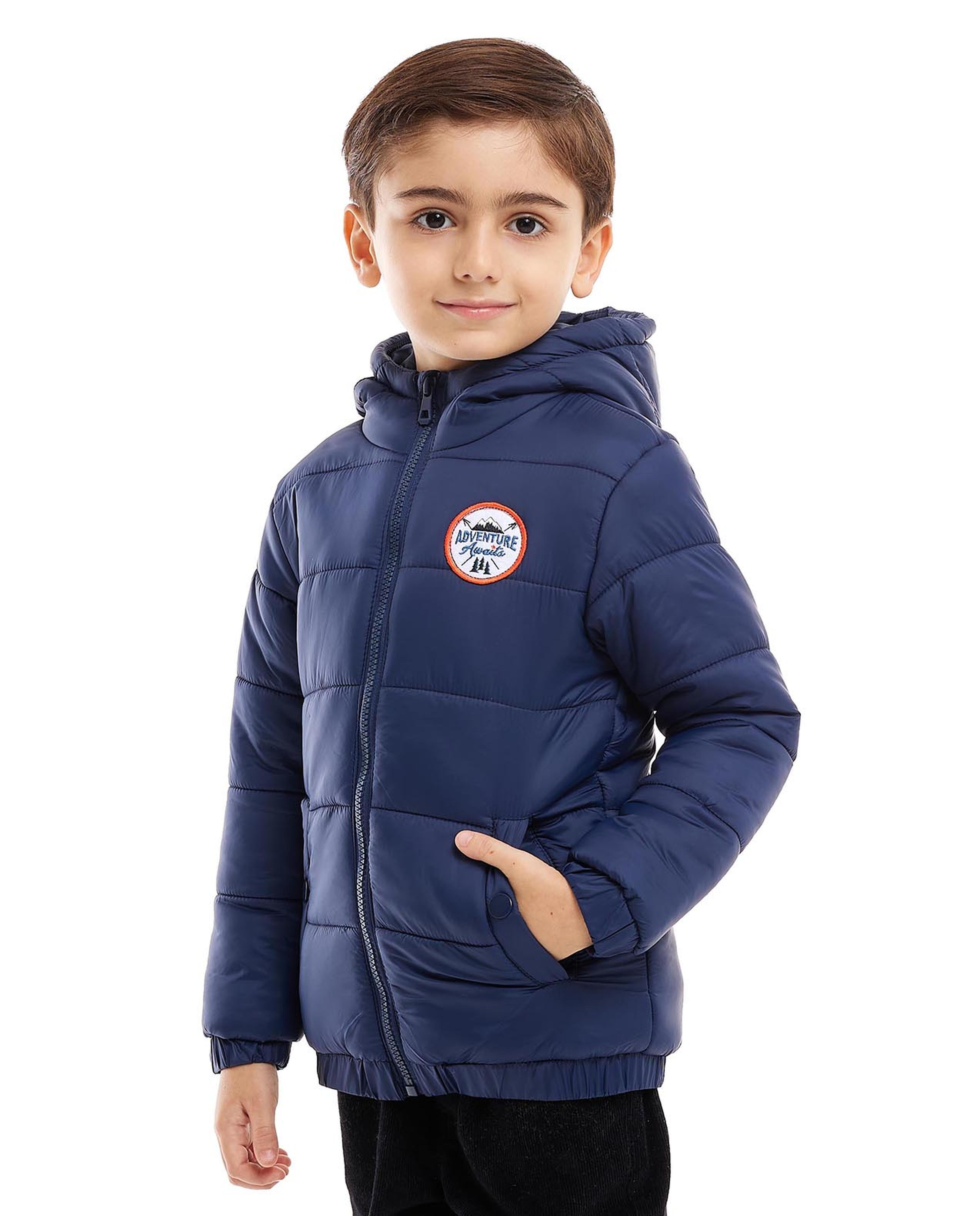 Badge Detail Hooded Puffer Jacket with Zipper Closure