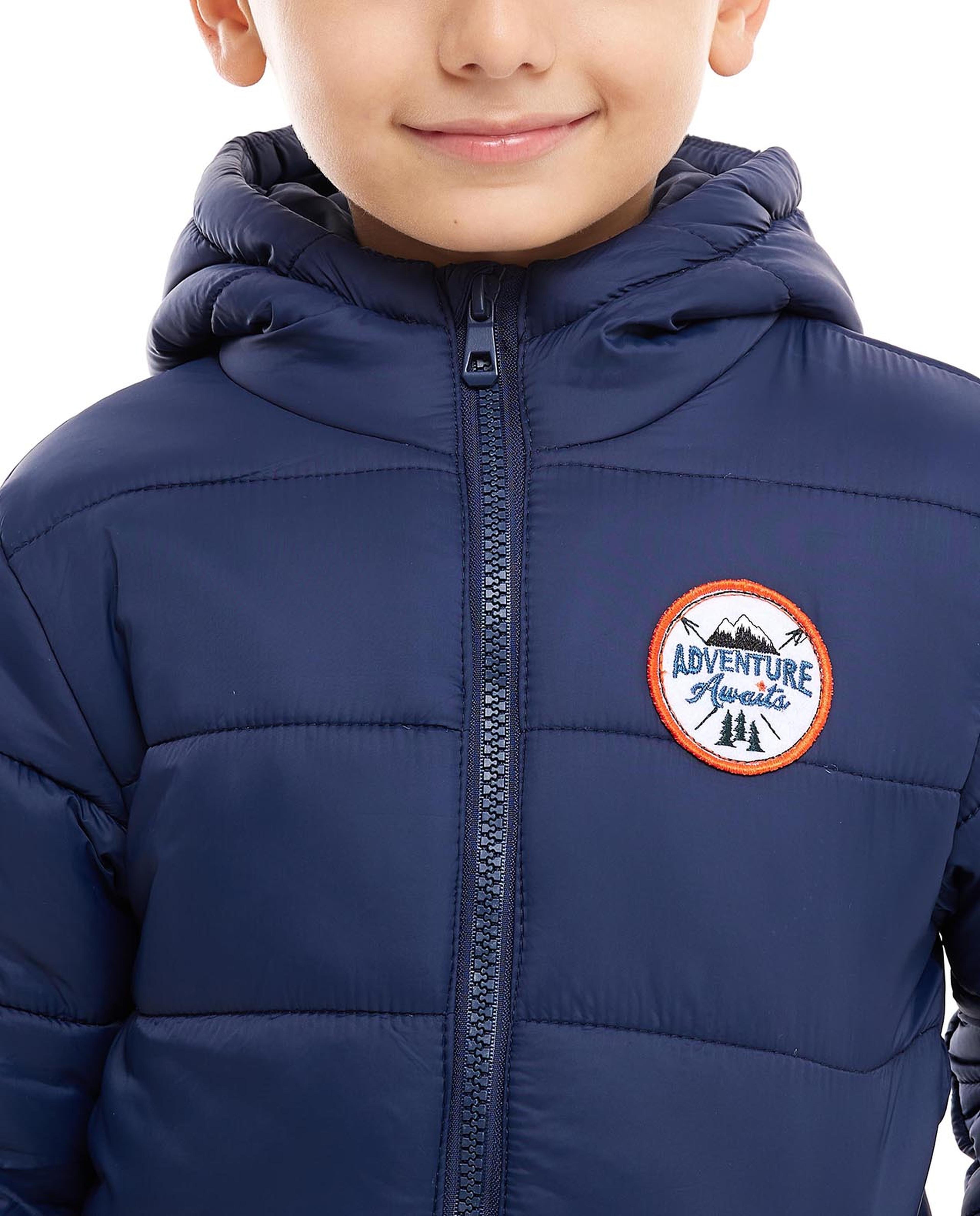 Badge Detail Hooded Puffer Jacket with Zipper Closure